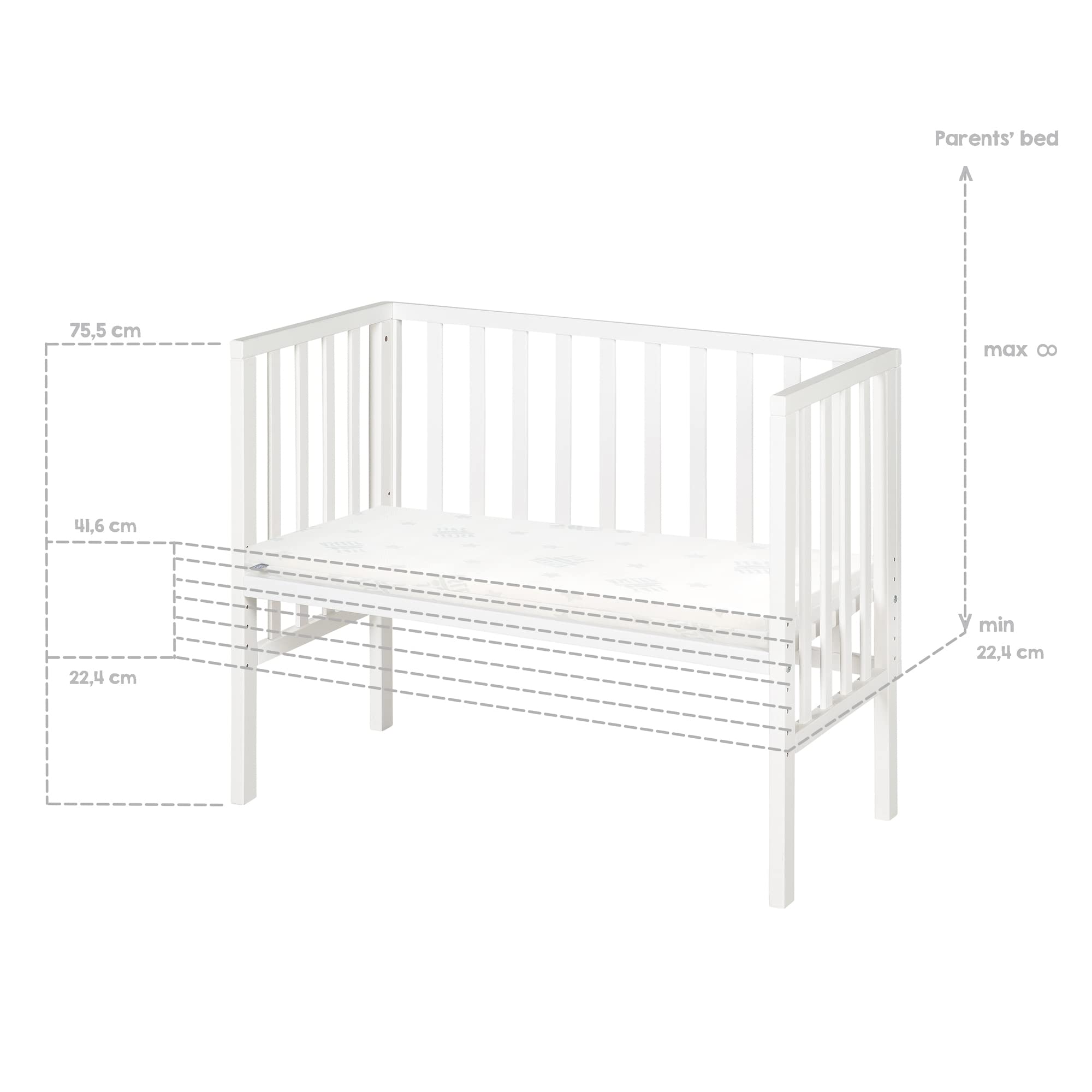 roba Lit Cododo 45 x 90 cm safe asleep® 2 en 1 - Hauteur Réglable - Petit Lit Complet avec Matelas + Barrière en Toile + Bordure en Maille - Ensemble de Lit Bébé - Bois Blanc