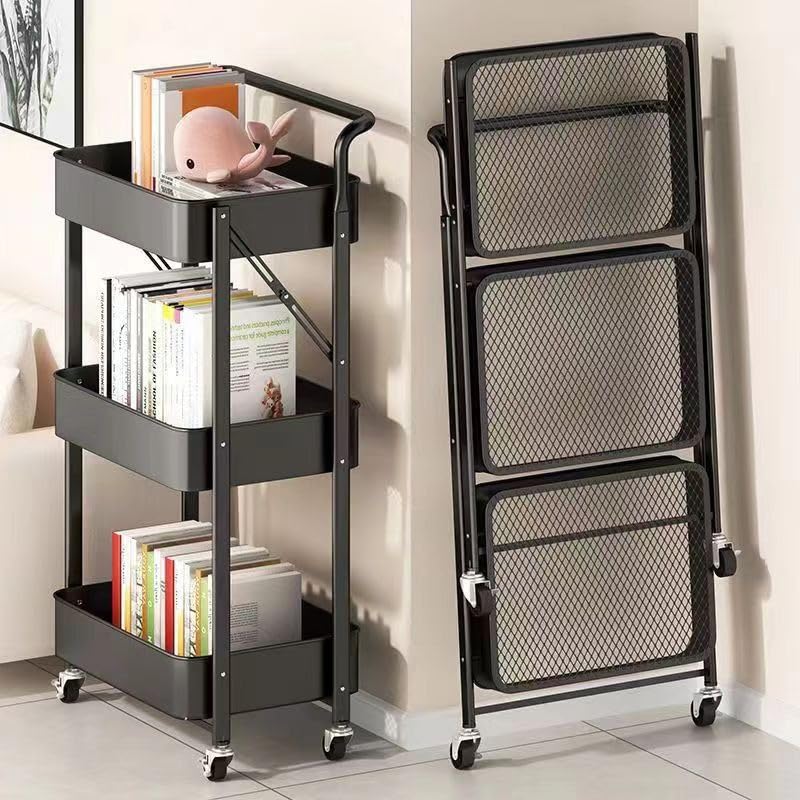Deconation Desserte à roulettes Pliante Noire | Chariot De Cuisine Roulant Et Pliable 3 Niveaux De Rangement | H 90 Cm X L 40 Cm X P 30 Cm
