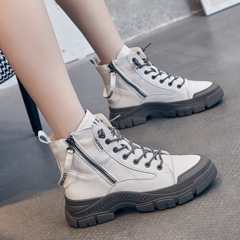 Women's High Top Lace Up Walking Shoes Sports Small White Shoes,Round Head Side Zipper Warm Casual Shoes4