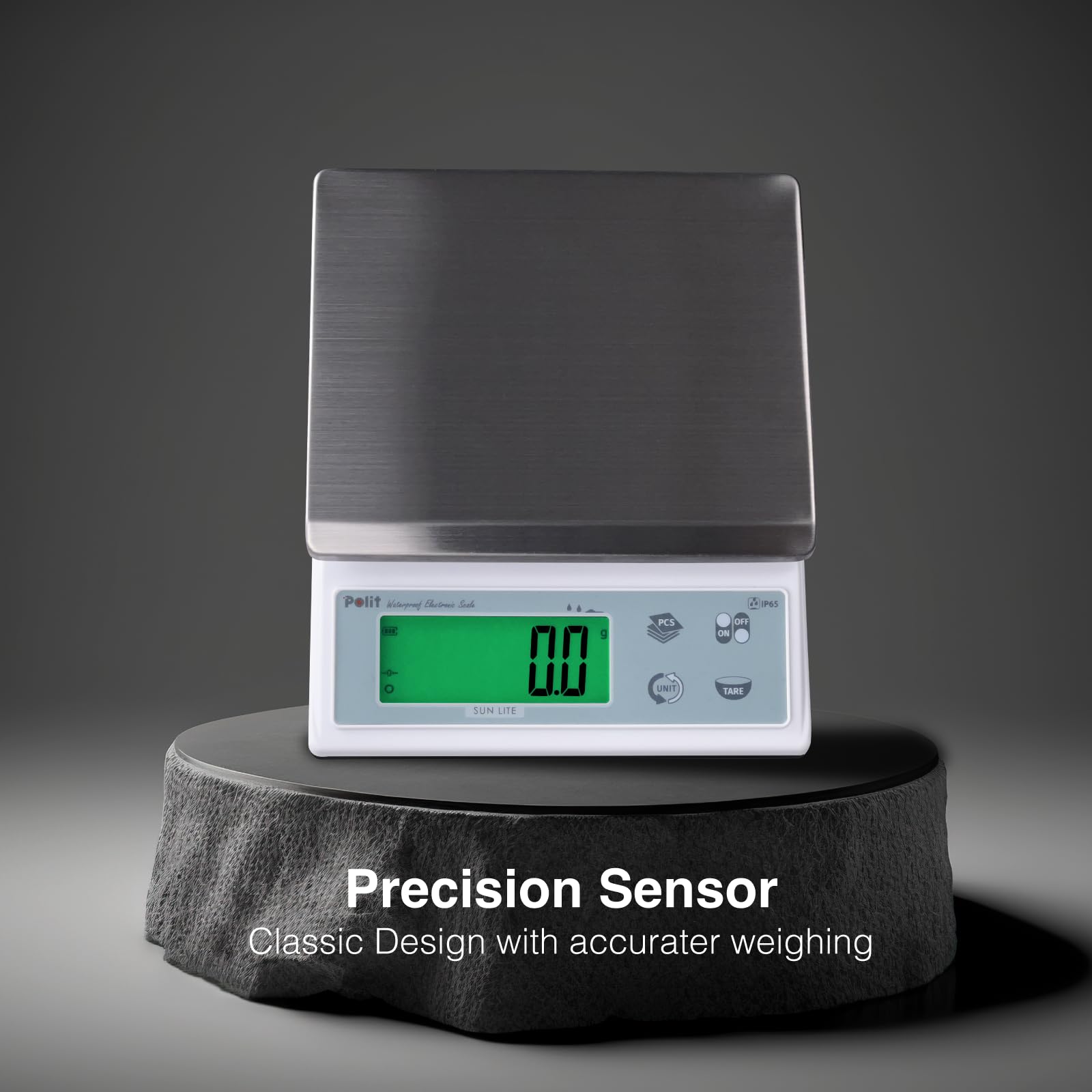 Polit Sun Lite - Báscula digital de cocina para alimentos, 3 kg, precisión de 1 g a 0,1 g, acero inoxidable impermeable con pantalla LCD, 5 unidades de peso (con adaptador de corriente)