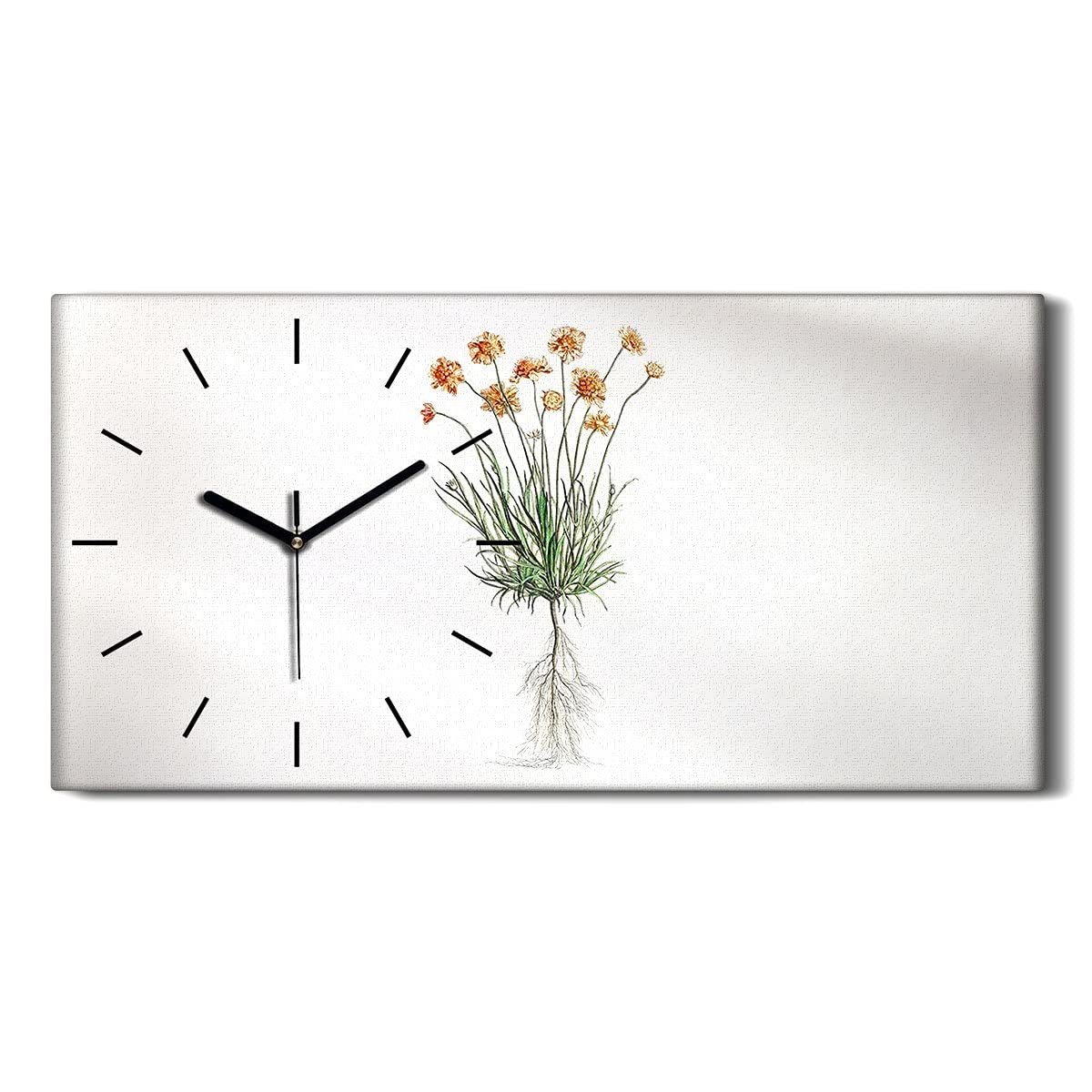 Horloge sur toile silencieuse sans tic-tac avec motif fleurs et aiguilles blanches