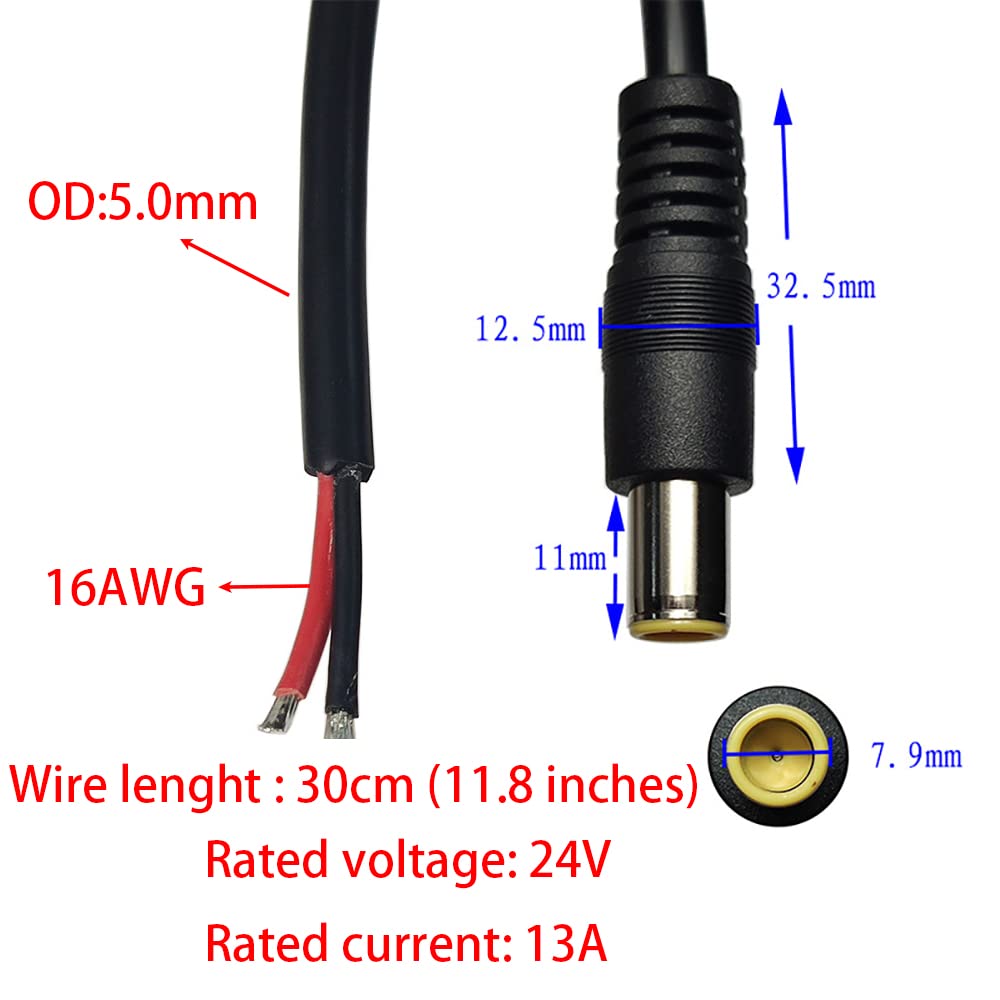 4PCS DC7909 DC8mm Power Cable, Male Plug and Female Socket to Bare Wire Open End Power Wire Supply Repair Cable, 16AWG Barrel Connector Pigtail for Solar Cell,Outdoor Power Supply(0.3m)
