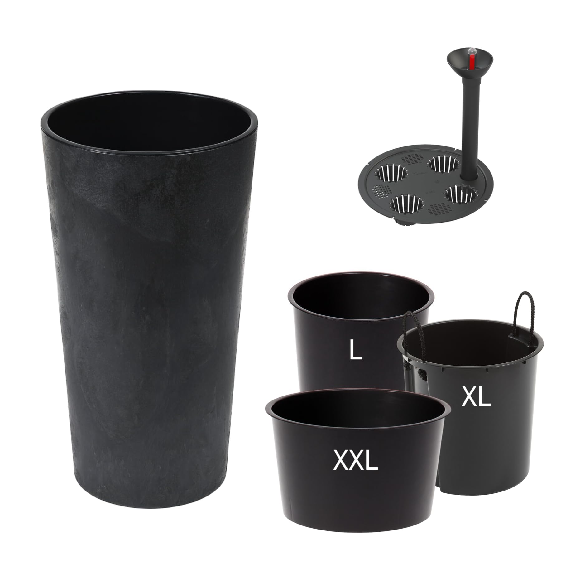 MELTOM Okrągła donica na kwiaty, efekt betonu, z systemem nawadniania, z wyjmowaną wkładką, doniczka na kwiaty (antracytowa, XXL - 75 cm + SYS)