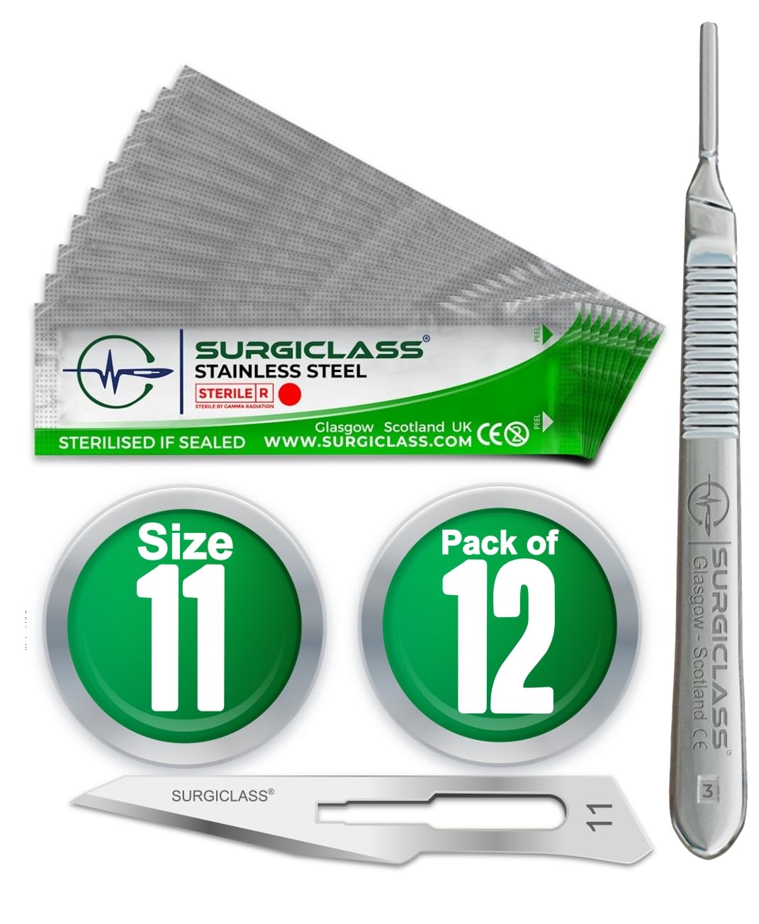 12 pcs Surgical # 11 Stainless Steel Sterile and Handle No 3 Perfect for Wood Art, Surgical, Sculpting, Repairs, Lab Anatomy, Sign, Card Making Lab TRAI SURGIGR11-12