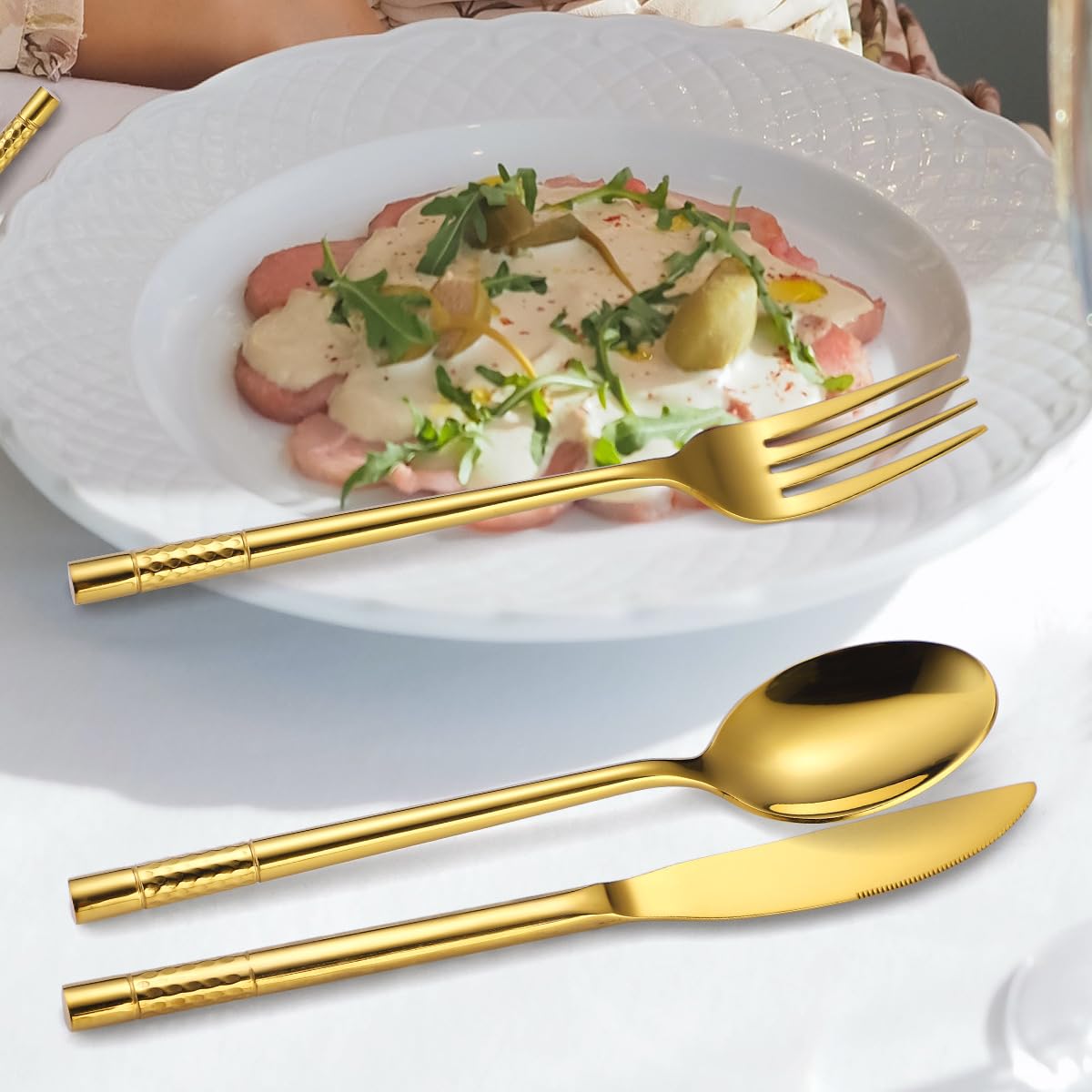Zestaw Sztućców Na Wesele, Kuchnię, Restaurację, Złota Zastawa Stołowa Ze Stali Nierdzewnej, 6 Zestawów Z Ceramicznymi Uchwytami, Zestawy Sztućców Ze Srebra Z Wieszakiem (Gold-6Set)