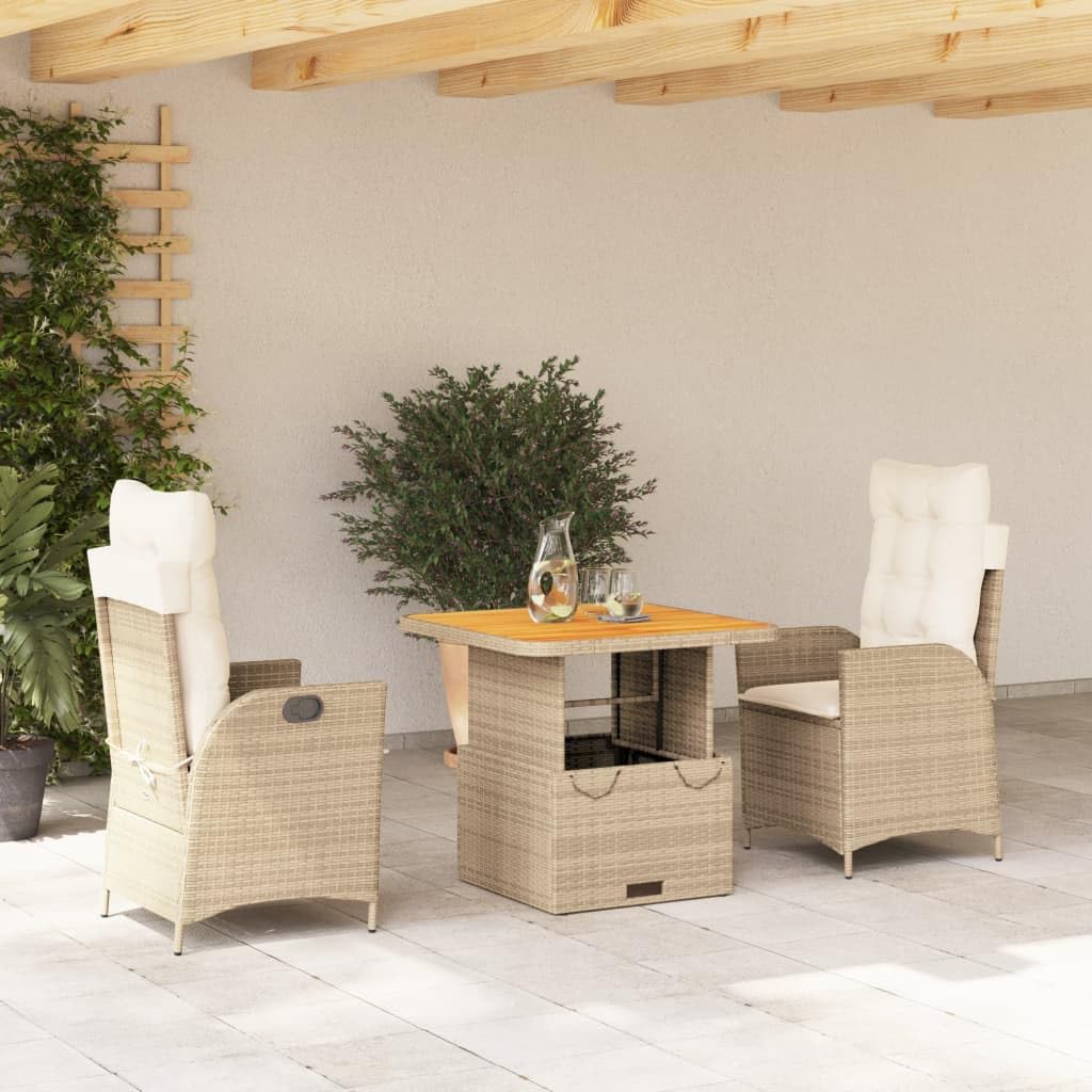 Salon de jardin 3 pièces en polyrotin beige avec deux fauteuils relax réglables pour balcon
