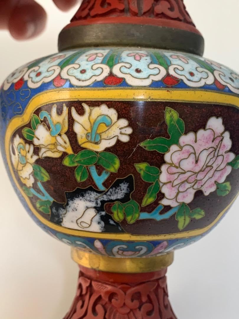 中国古玩 唐物 堆朱 七宝焼花文 花瓶 壷 検/彫漆花入中国