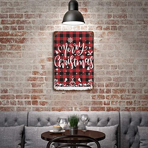 Wodevor Custom Signs Outdoor Metal Merry Christmas Aluminum Sign 8"X12" Rustic Red Black Buffalo Check Plaid Metal Wall Sign Retro Art Hanging Wall Plaque Kitchen #TOP4