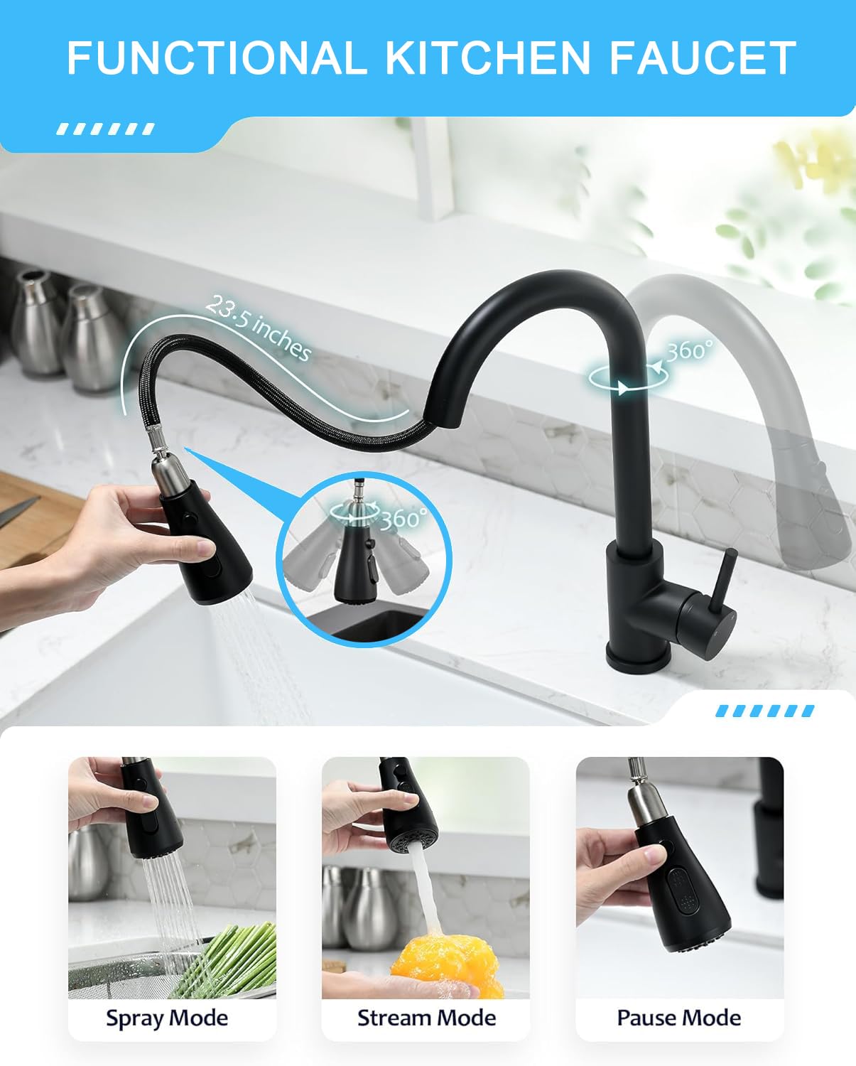 VIGIME Kitchen Sink Taps Mixer with Pull Out Sprayer, Stainless Steel Kitchen Faucets - Image 2