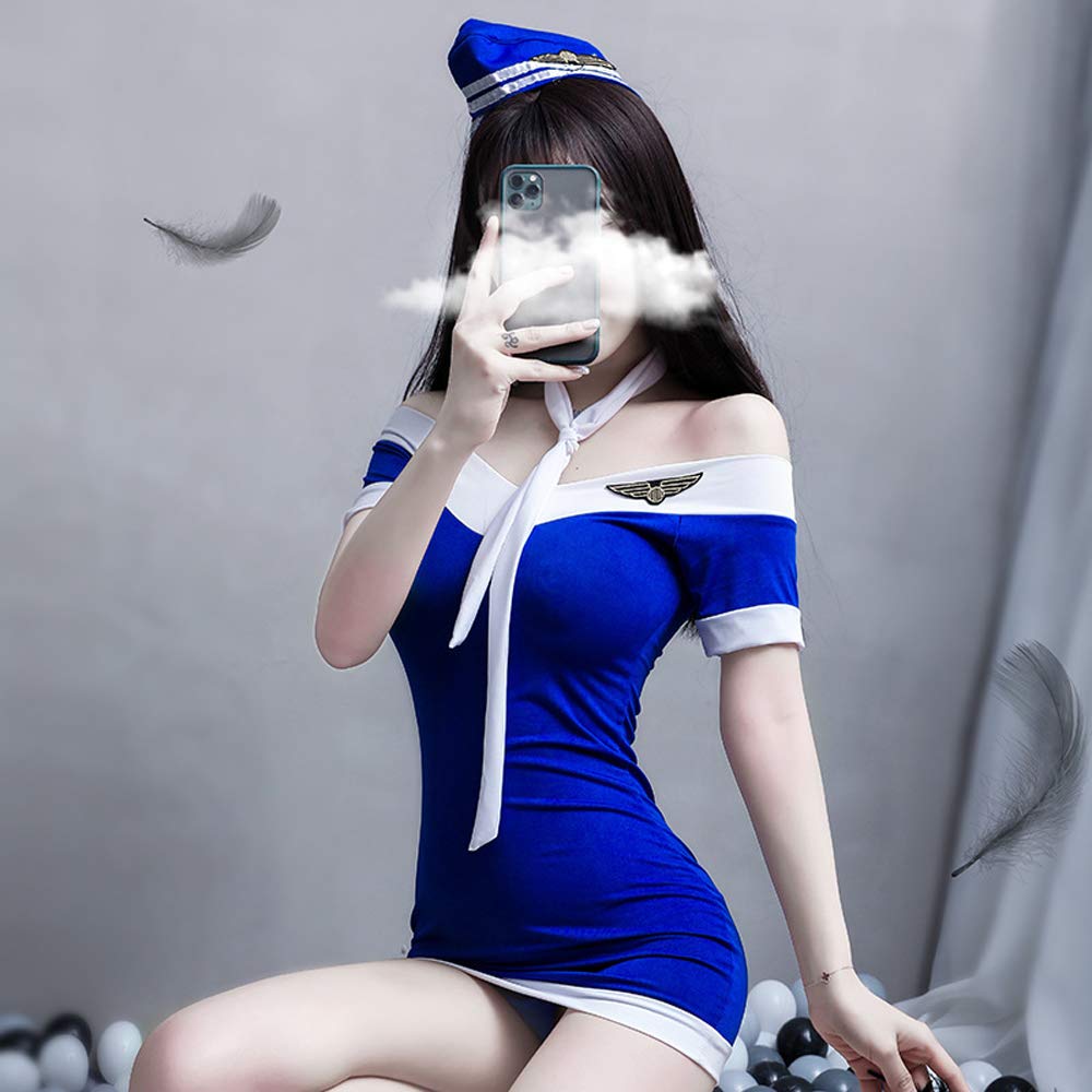 SINMIUANIME Women Lingerie Set Stretch Skirt Office Secretary Stewardess Cosplay Lingerie, 7048blue, One Size - Image 3