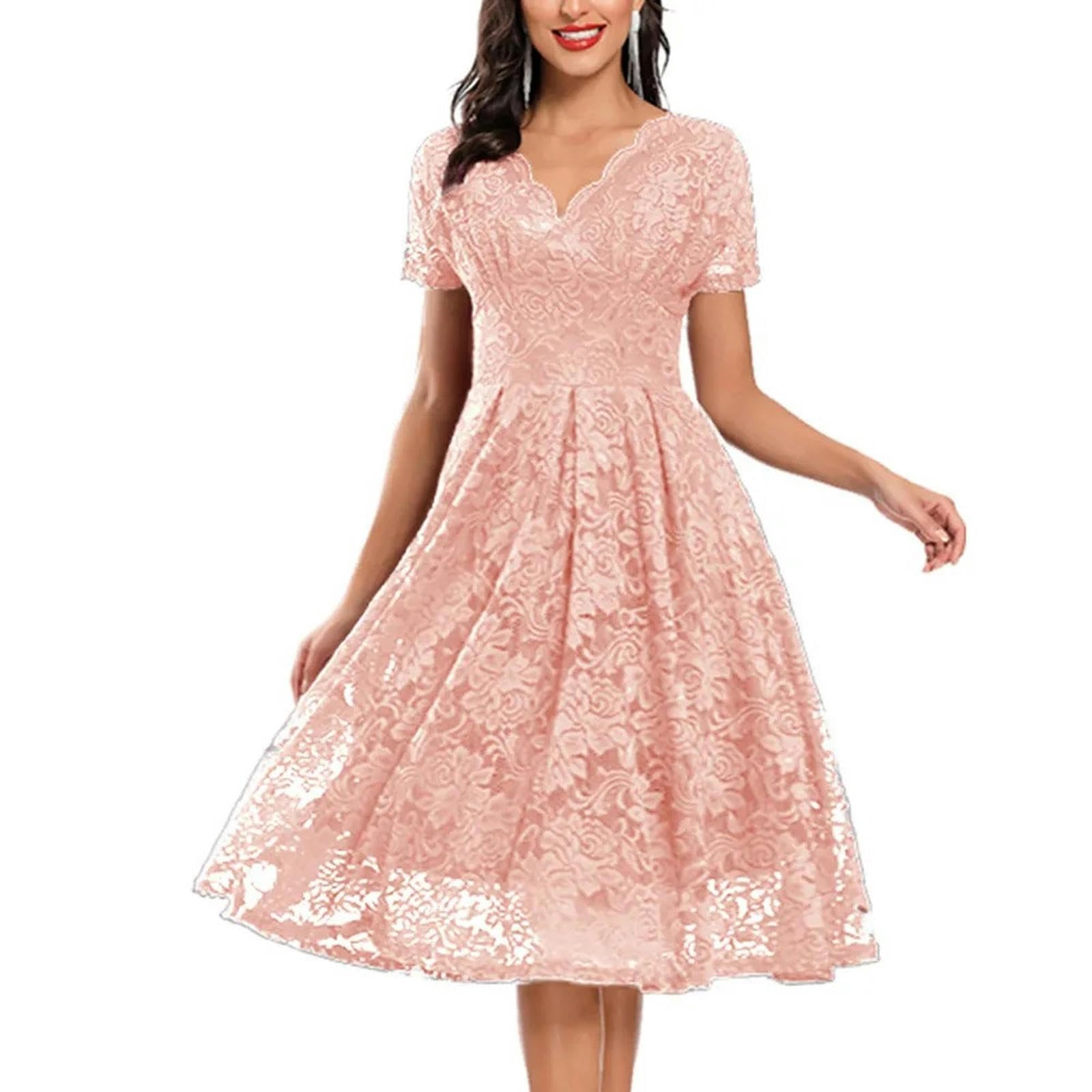 Robe en dentelle à manches courtes et col en V pour femmes TQK311032