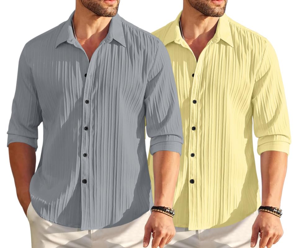 Image of FINIVO FASHION Men's Cotton Blend Shirt Set Lightweight, Full Sleeves, Plain Texture, Button Closure, Summer Ready (Pack of 2)