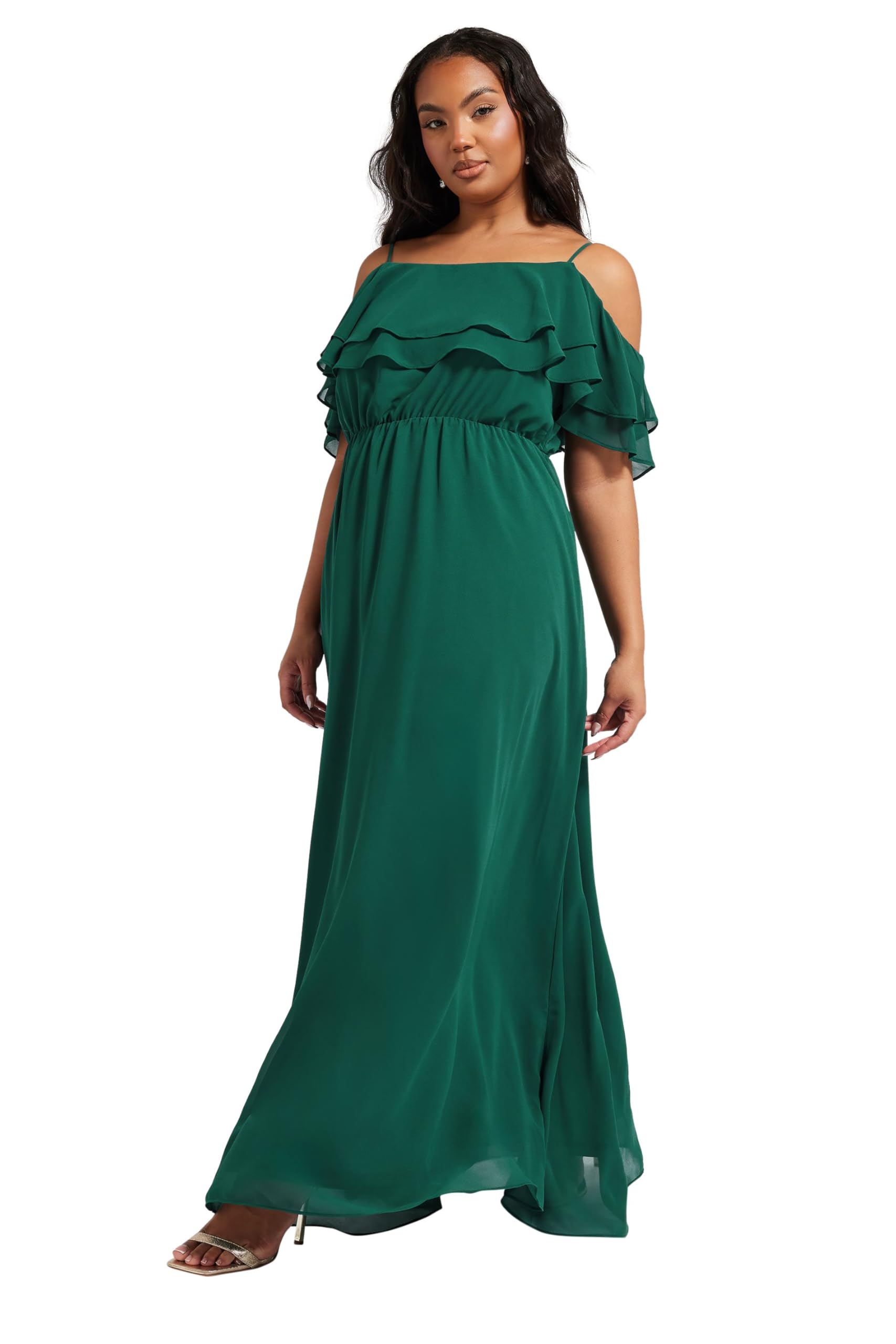 Yours London Curve Forest Green Frill Cold Shoulder Maxi Dress - Women's - Plus Size Curve