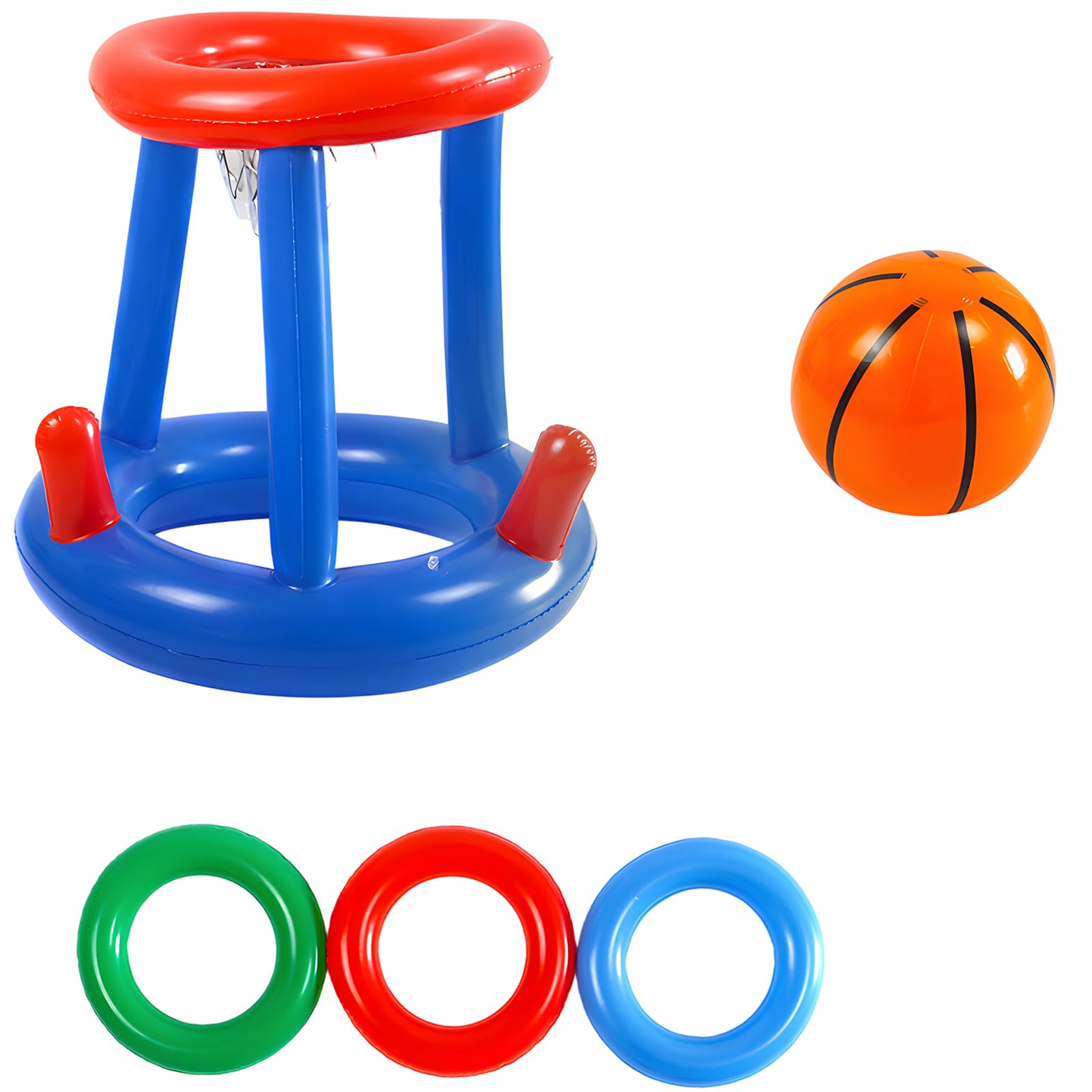 Pool Basketball Hoop Set, Inflatable Pool Games with 1 Basketball and 3 Rings, Swimming Pool Toys for Kids and Adults, Fun Water Activities for Beach and Pool Parties