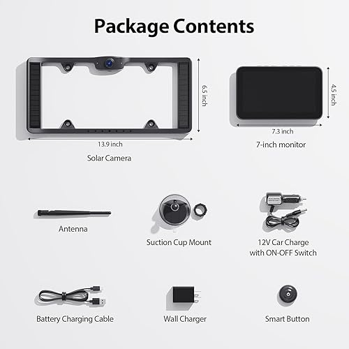 Miniatura 6 de ZEROXCLUB Cámara de respaldo inalámbrica solar, batería recargable de 6400 mAh, monitor LCD HD 1080P de 7 pulgadas y sistema de cámara de matrícula