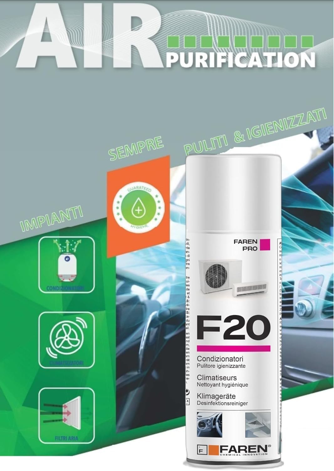 F20 Pulitore, Igienizzante Spray per Climatizzatori di Casa e Auto, gradevolmente profumato a base alcolica, Confezione da 12 Bombolette spray da 400ml