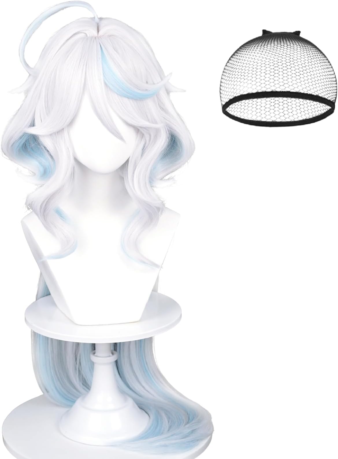 Furina Cosplay Wig for Women White Mixed Blue Wig Focalors Fontaine Blue Highlights Wigs Hair + Elf Ear + Wig Cap for Halloween Comic Con Costume Party
