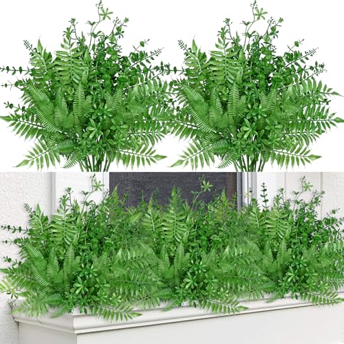 Dremisland 12 Piezas Plantas Artificiales Exteriores de Plástico 40cm Helecho Boston de Arbustos Verdes Resistente UV Hierba Artificial Exterior Decoración para Jardinera Boda Jarrones Hogar Jardín