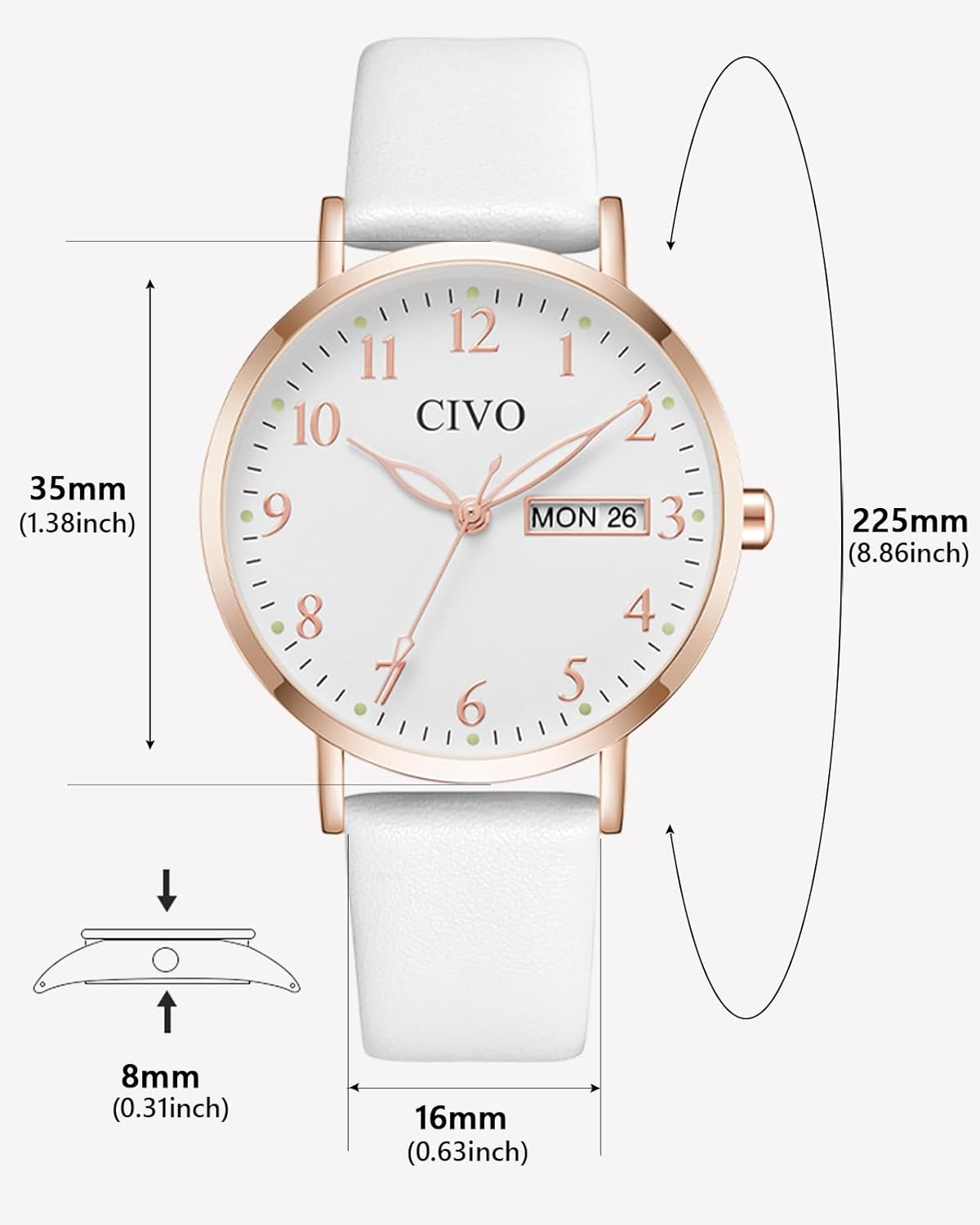 CIVO Womens Watch Leather Strap Waterproof Analog Quartz Watch Fashion Simple Elegant Dress Womens Wrist Watches - Image 6