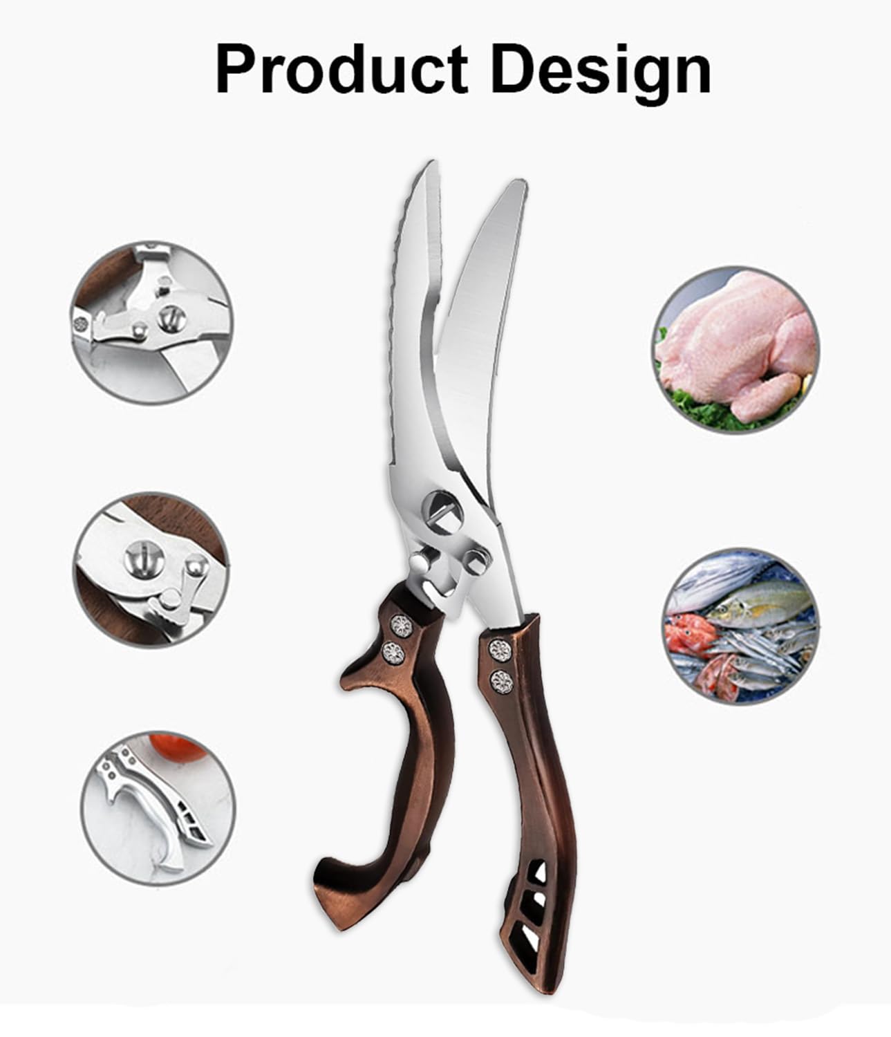 Nożyce do drobiu, ostre nożyce kuchenne ze stali nierdzewnej z ergonomicznym uchwytem, do kurczaka, indyka lub indyka, nożyce do mięsa, gęsi, do cięcia kaczki, kolor drewna