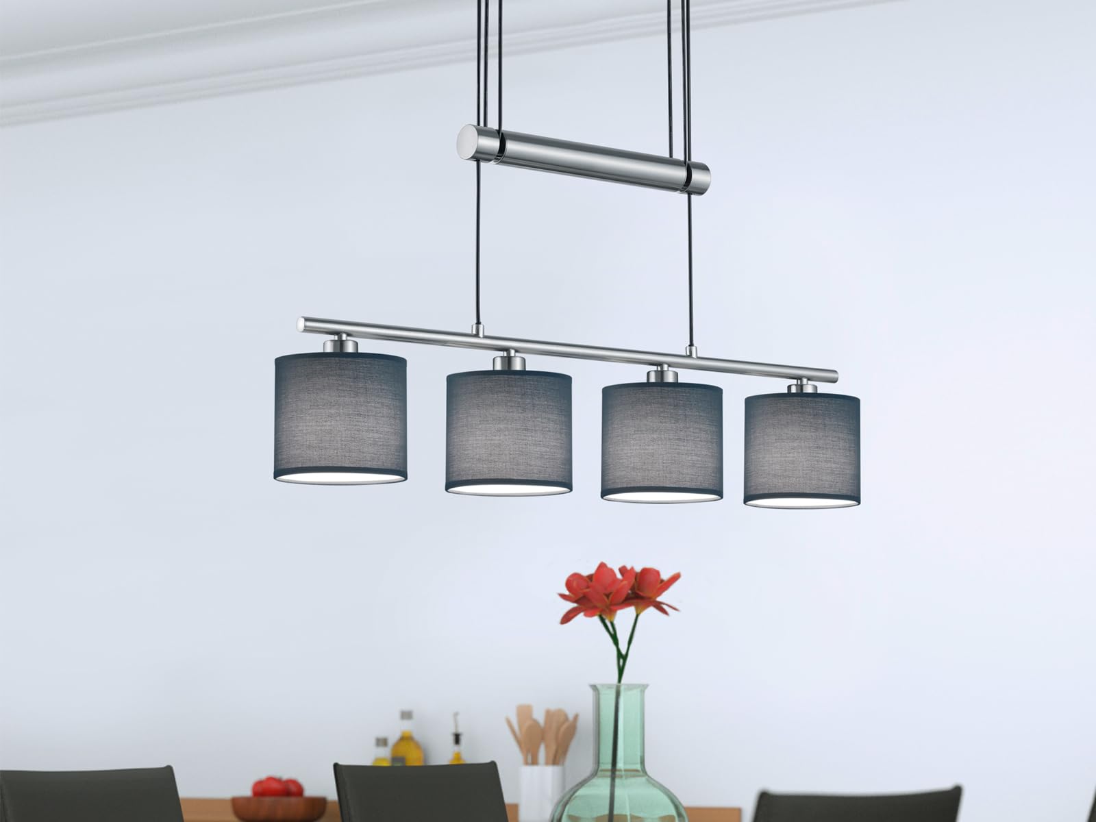 Trio Leuchten Jojo Pendelleuchte Garda, 305400411 Nickel matt, E14, Stoffschirm Grau, 13.5 x 77 x 150 cm