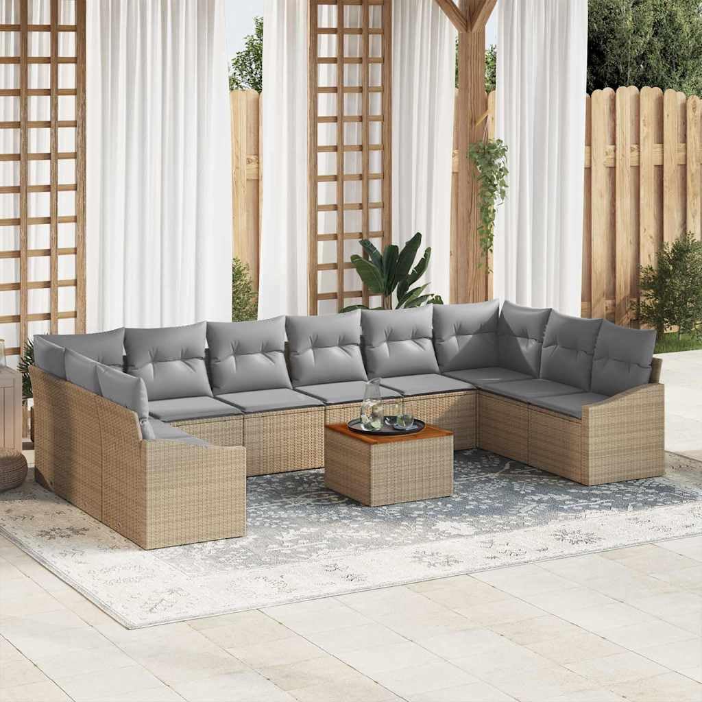 Juego de muebles modulares de polirratán con 11 piezas en color beige y gris claro, con estructura de acero y cojines de espuma suave, incluye seis asientos centrales, dos