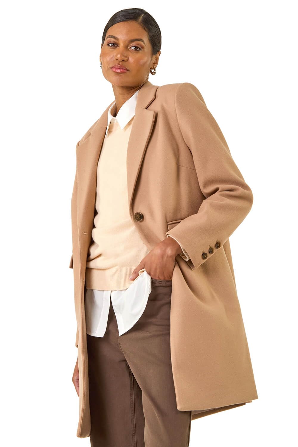 Roman Women's Camel Tailored Single Breasted Coat In | : Size 16