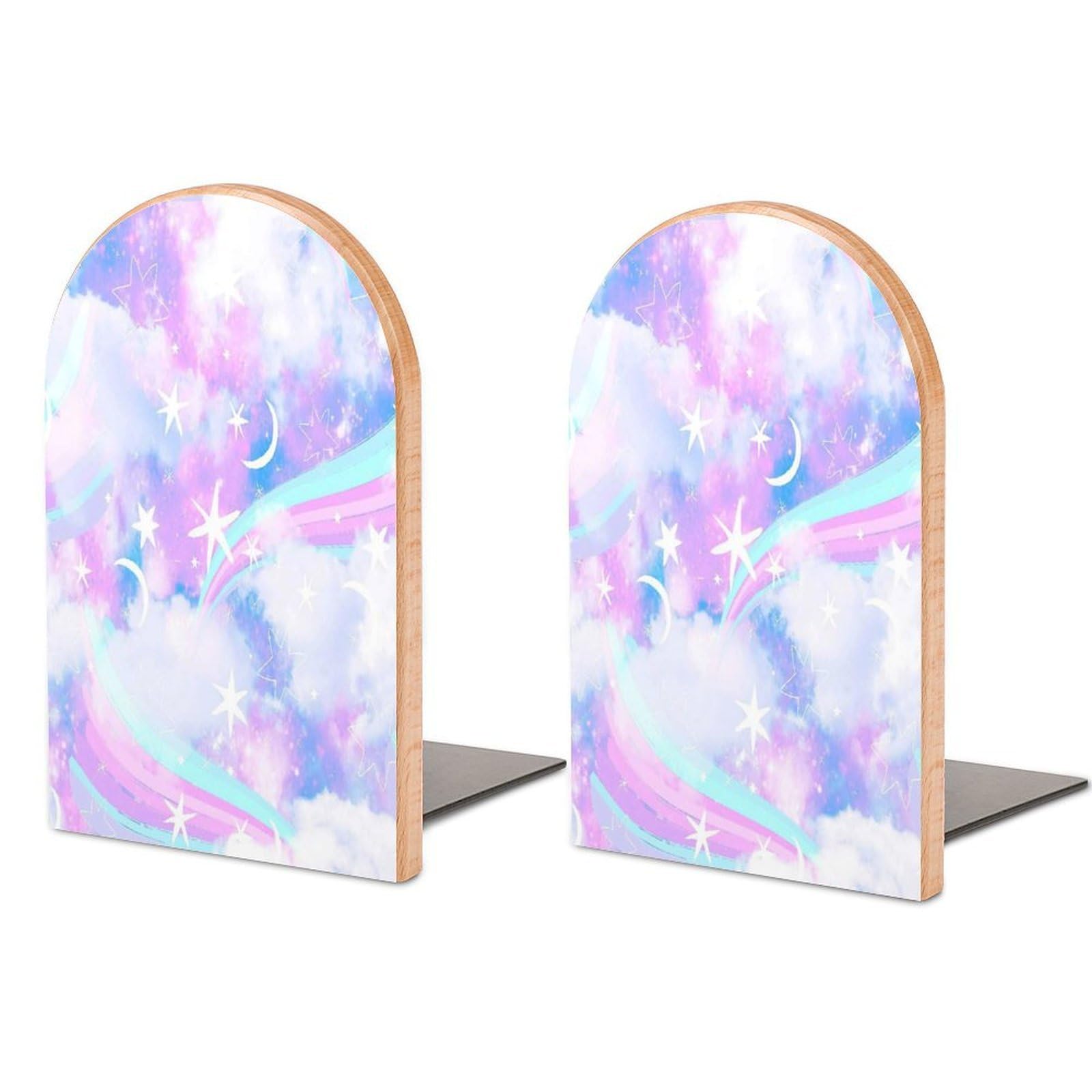 Watercolor Star Beech Wood Bookends Heavy Duty Book Organizers Desktop File Holder for Office Home Bookshelf