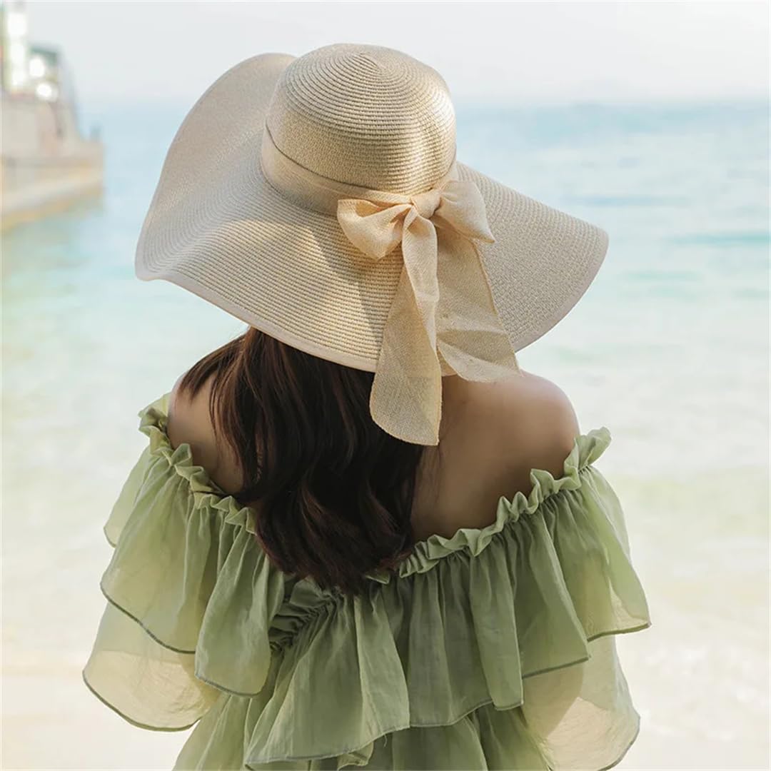 Yeuyyben Cappelli da spiaggia a tesa larga per le donne cappello estivo pieghevole cappello da sole alla moda piatto Bowknot Panama cappelli di paglia