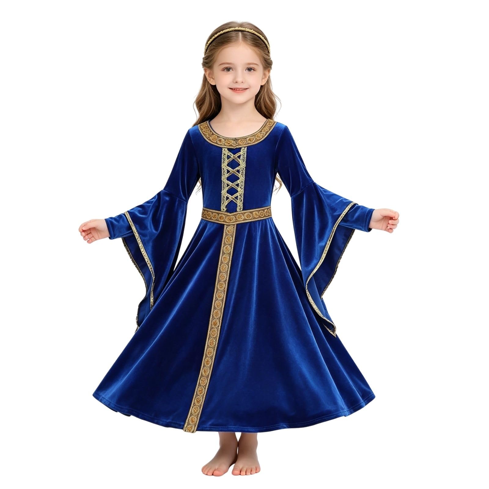 HAPNBCELE Medieval Dress for Girls, Vintage Royal Princess Costume Renaissance Fair World Book Day Halloween Birthday Party (Blue, L)