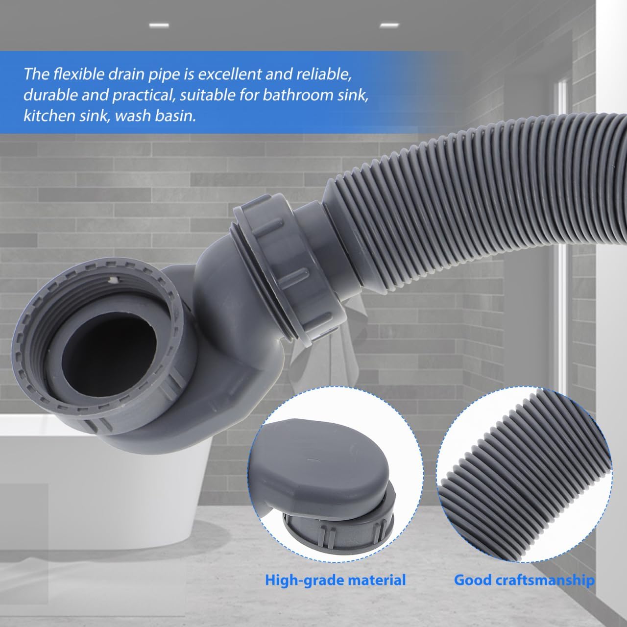 DOITOOL Flexible Tub Drain Low Profile 1 1/2 P Flexible Trap Bathtub Shower Sink Drain Pipe Extension Hose Freestanding Tub for Bath Bathtub Washbasin