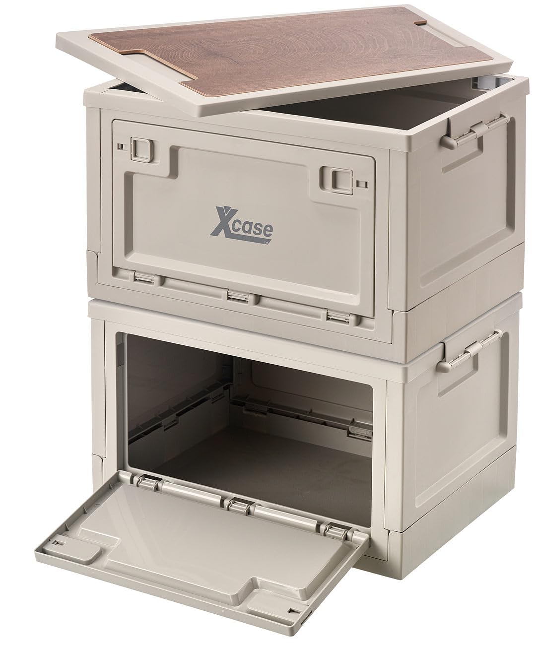 Xcase Campingbox: 2er-Set Aufbewahrungsboxen mit Deckel & MDF-Ablage, je 30 l, faltbar (Camping Boxen, Aufbewahrung Box mit Deckel, Auto)