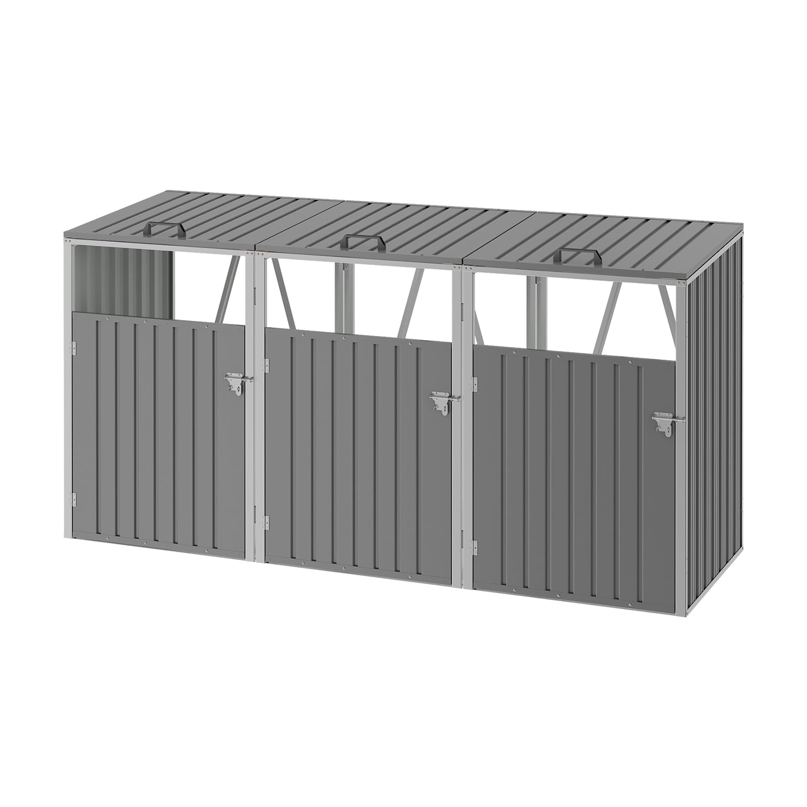 The Fellie Triple Wheelie Bin Storage 3x240L Bin Storage for Wheelie Bins Galvanized Steel Outdoor Garden Trash Can with Locking Door Wheelied Bins Hideaways with Lids, Grey