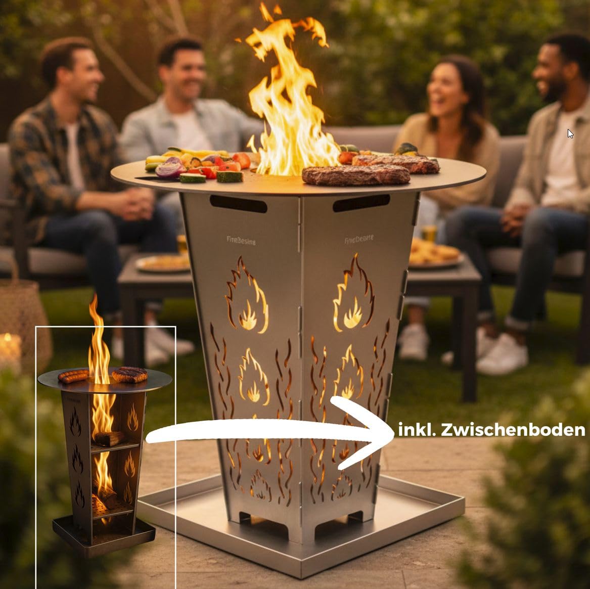FireDesire Grill Pro Feuerkorb mit massiver Grillplatte und Ascheschale, Feuerschale mit Grillplatte für Garten und Terrasse, Feuertonne, Made in Germany