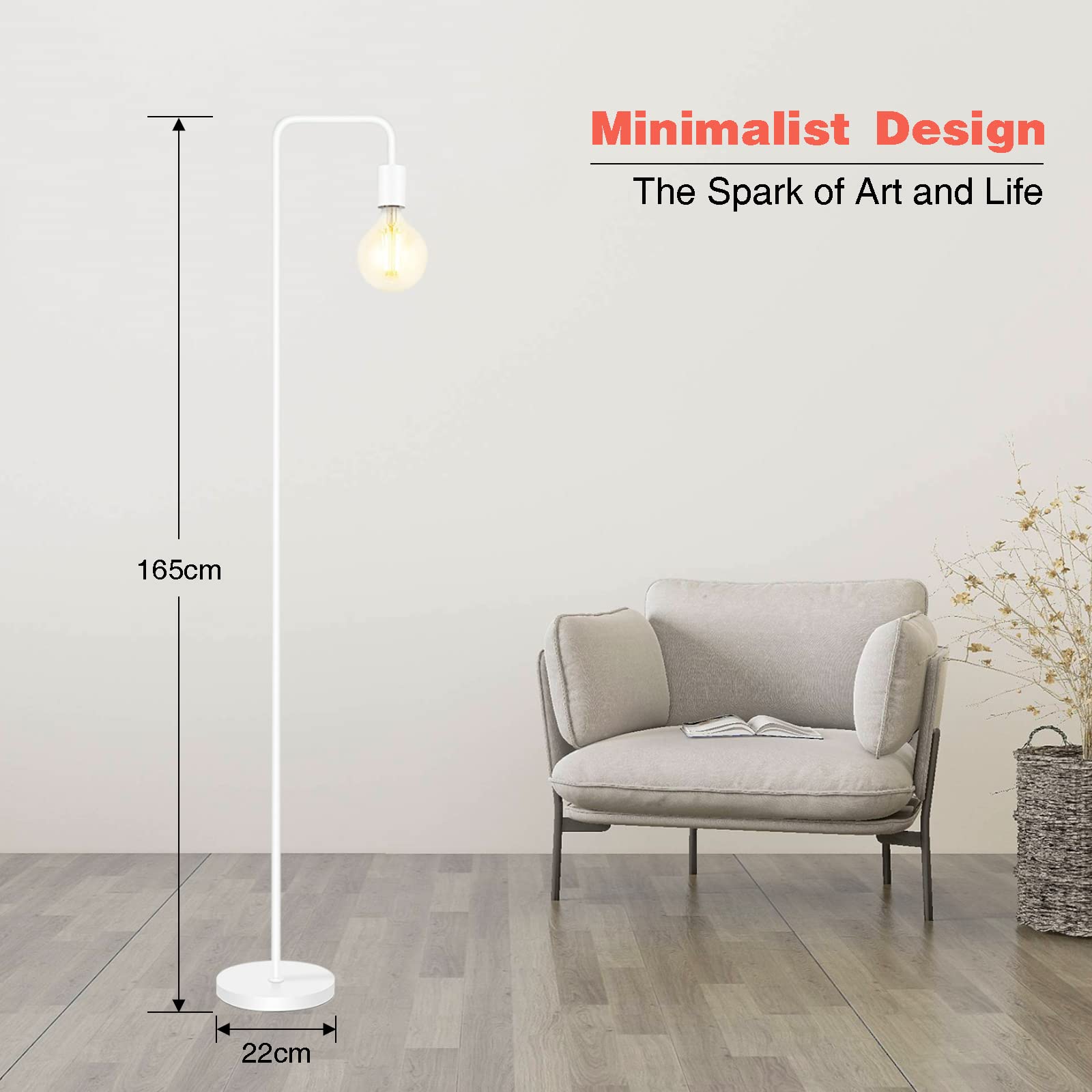 BBHome Lampadaire rétro incurvé en métal minimaliste avec interrupteur à pied pour chambre à coucher, salon, lecture, bureau I 165 cm I E27 (blanc)