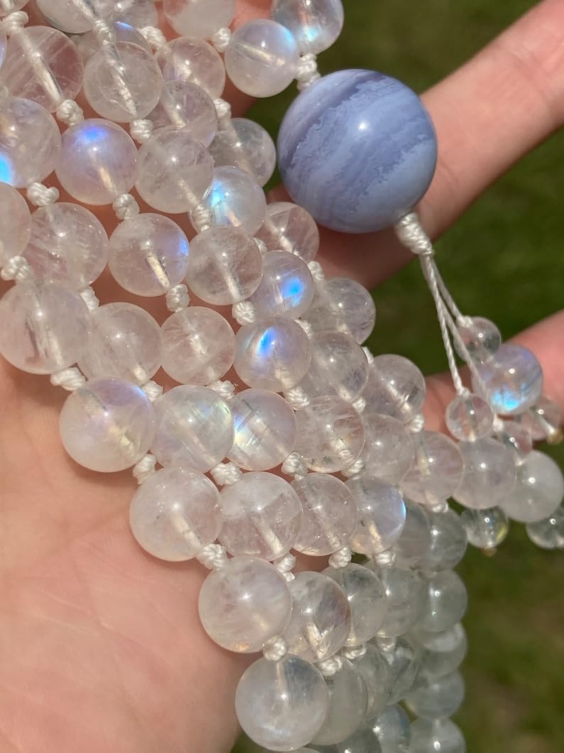 Natural Rainbow Moonstone 8mm 108 Mala Beads, Spiritual, Meditation Beads, Reiki, Japa Mala, Buddhist Prayer Beads, Yoga Bracelet, healing beads