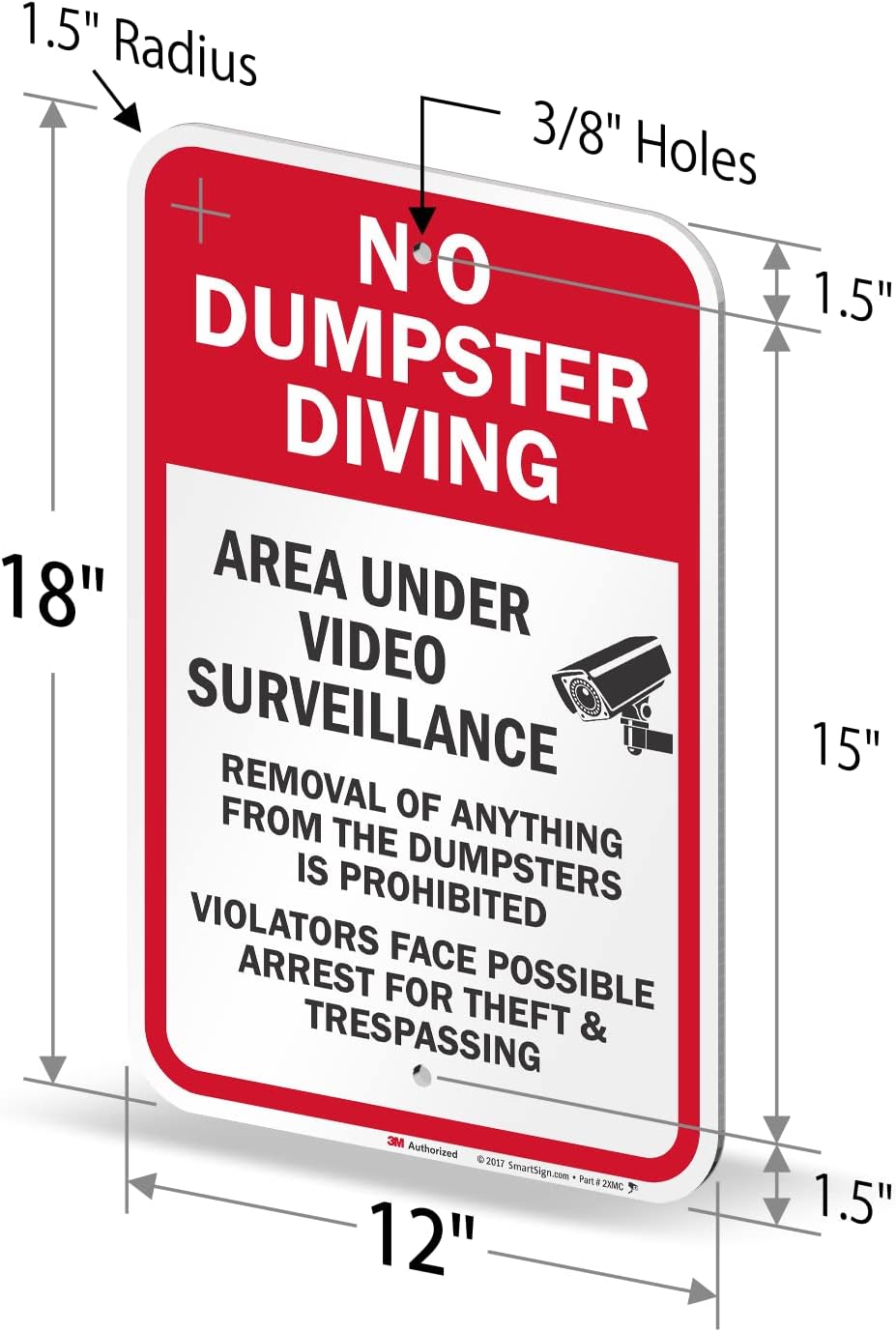 SmartSign 18 x 12 inch “No Dumpster Diving - Area Under Video Surveillance” Sign, 63 mil Aluminum, 3M Laminated Engineer Grade Reflective Material, Red, White and Black, Made in USA