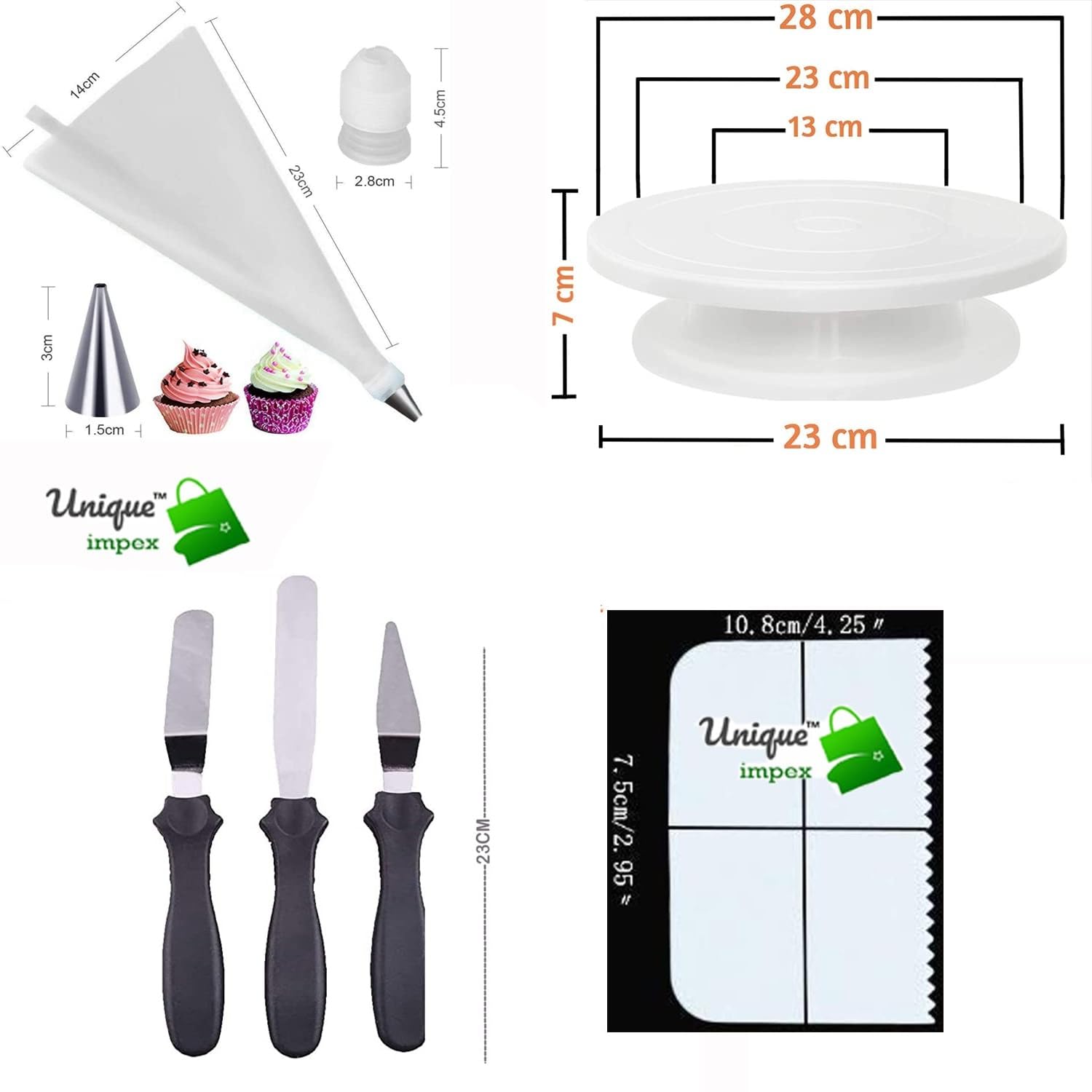 Tesla Cake Turntable + 4 Pcs Scraper Set + 12 Piece Cake Decorating Nozzle Set 10 Pcs Frosting Icing Piping Bags Tips with 1 Reusable & Washable + 3 Pcs Multi-Function Cake Icing Spatula Knife — Amazon image 3