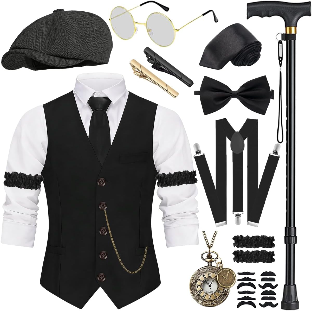 VillbeCoser 1920s Mens Costume, Roaring 20s Costumes Accessories Set Vest Foldable Crutches Fedora Hat Pocket Watch Tie