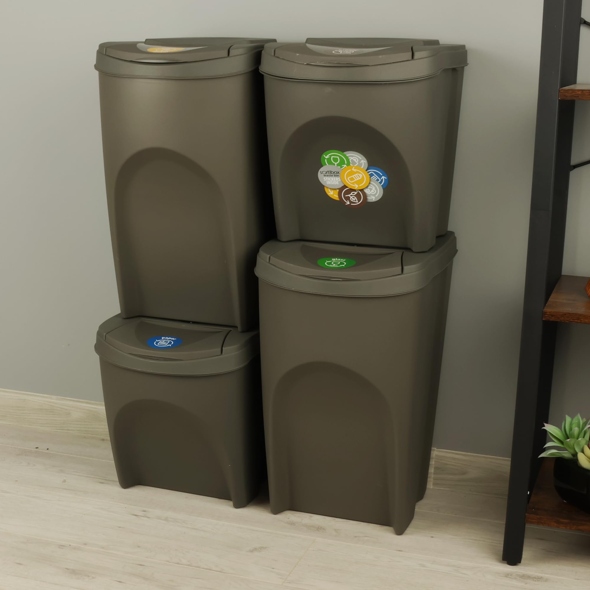 botle Mülleimer- 4er Set 120 L Mülltrennungssystem - Set aus 2x35 L + 2x25 L Abfalleimern in Grau zum Stapeln Kompakt modulare und Licht Einfache Sortierung des Hausmülls Kunststoff