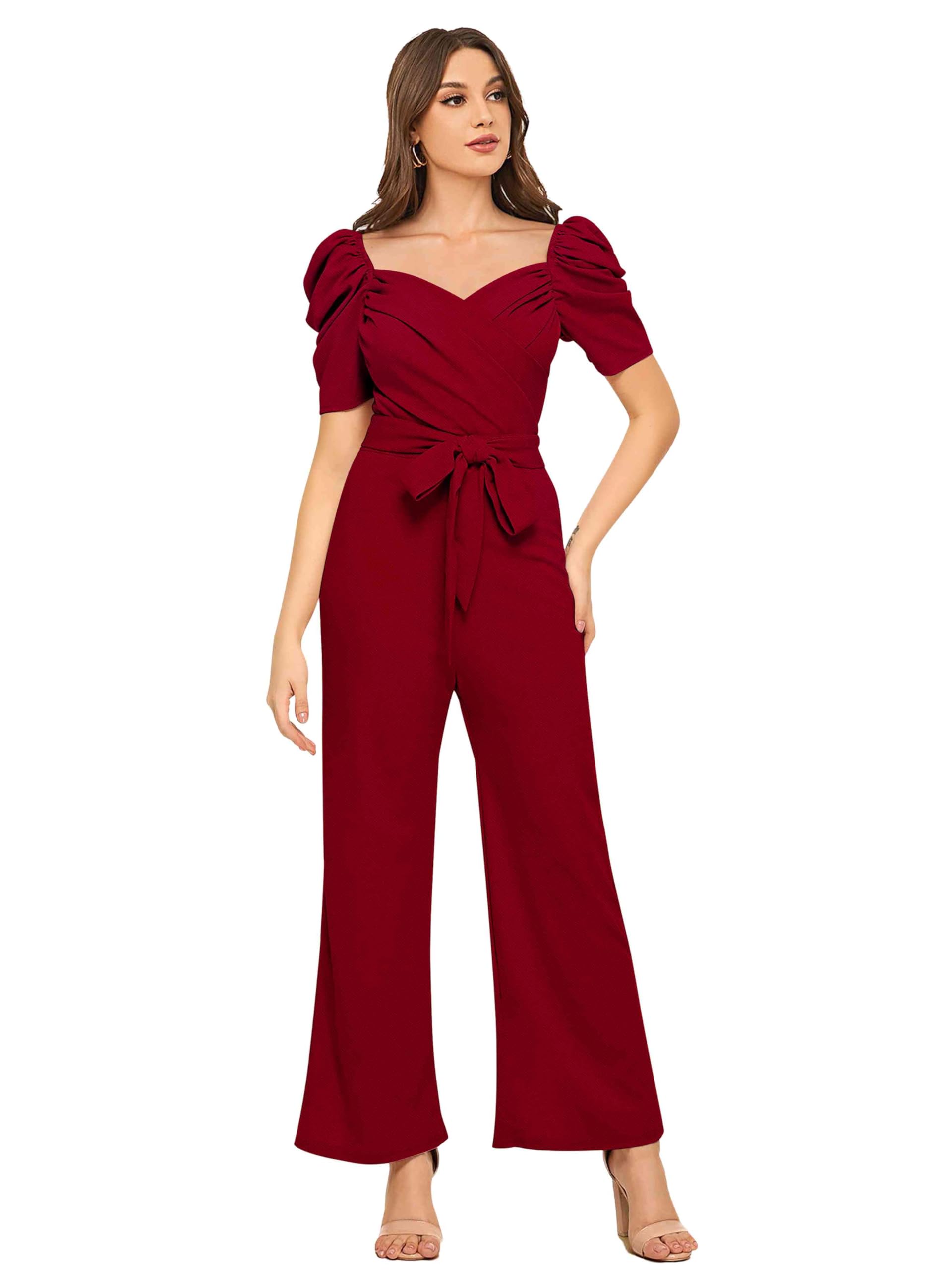 Women's Elegant Solid Jumpsuit with Puff Sleeves, Sweetheart Neckline, Belted Waist