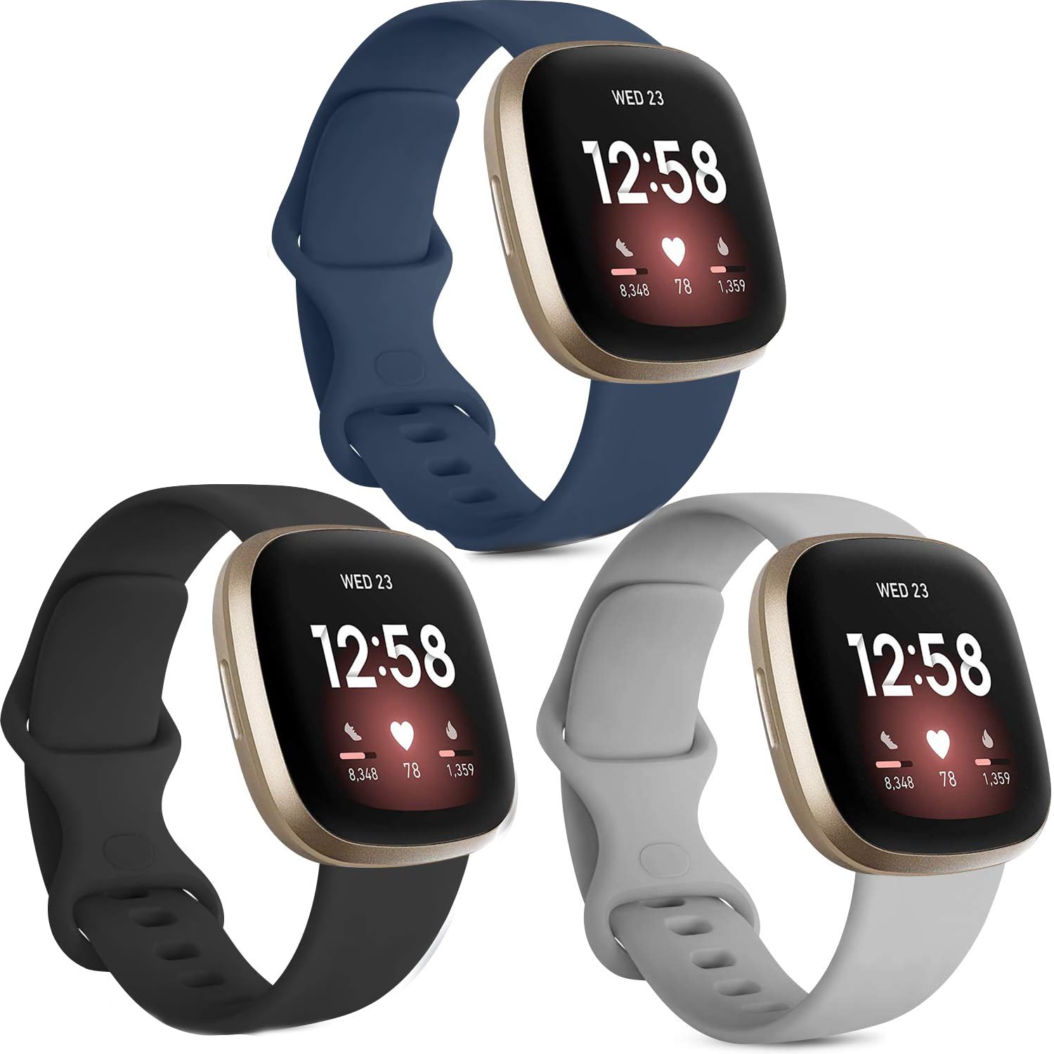 TERRIFI 3 Pack Sport Bands Compatible, Strap Compatible, Soft Silicone Replacement Strap for Fitbit Versa 3 / Fitbit Sense Smart Watch Women Men