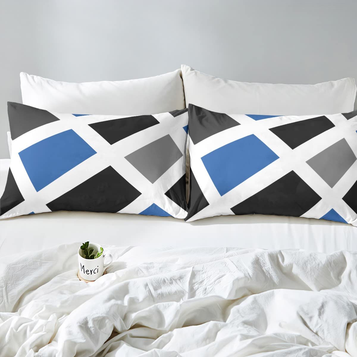 Loussiesd Set de ropa de cama geométrica abstracta para niños, funda de edredón moderna con rayas para niños, mujeres y hombres, decoración de triángulo gris y azul, funda de cubrecama, colección de 3