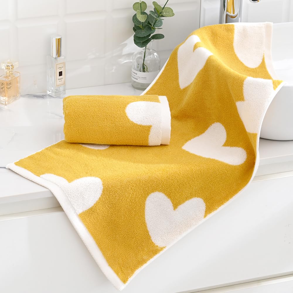 sense gnosis Yellow Hand Towel Set of 2 Heart Pattern Super Soft 100% Cotton Absorbent Decorative Hand Towel for Bathroom 13 x 29 Inch - Image 2