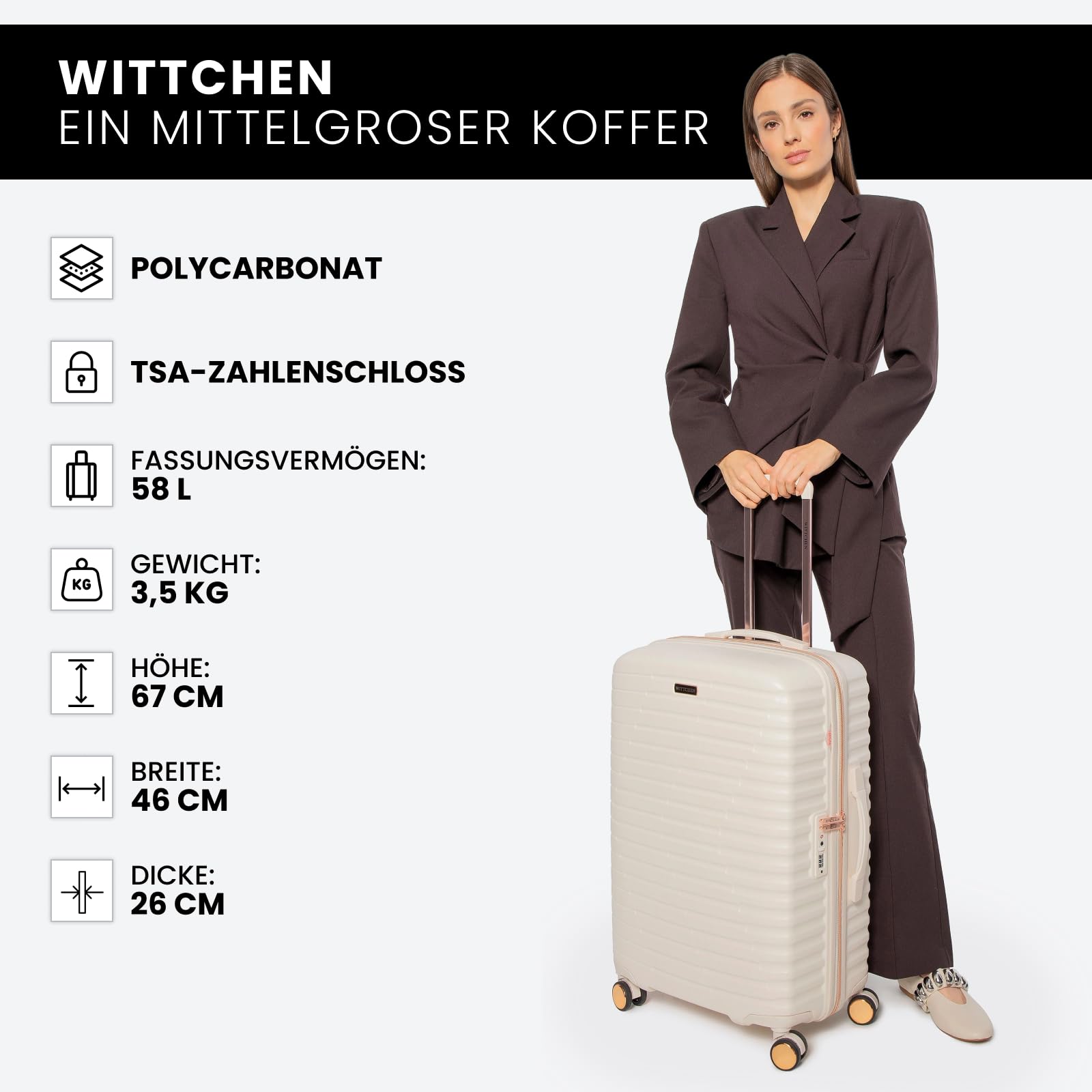 WITTCHEN Motion Line Mittelgroßer Koffer leichtes Reisegepäck Hartschale Polycarbonat TSA-Schloss Teleskopgriff 4 Doppelrollen 360° Größe L Creme-Gold