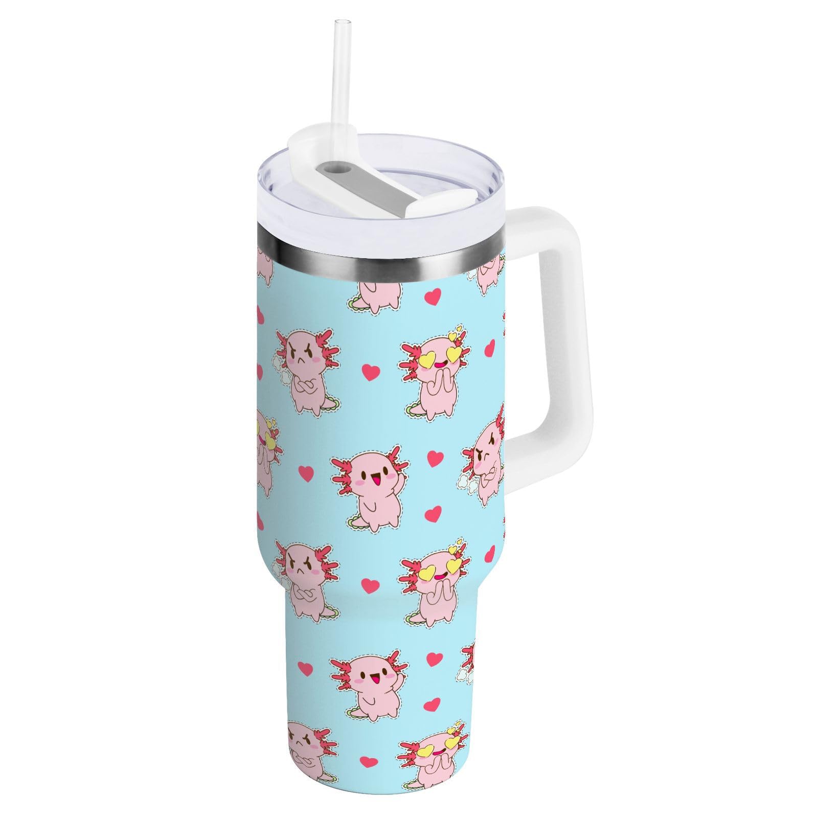 Selerdon 30 oz Tumbler Cute Axolotl Funny Insulated Travel Mug Stainless Steel Vacuum with Handle and Straw Lid Coffee Cup Tea Water Bottles for