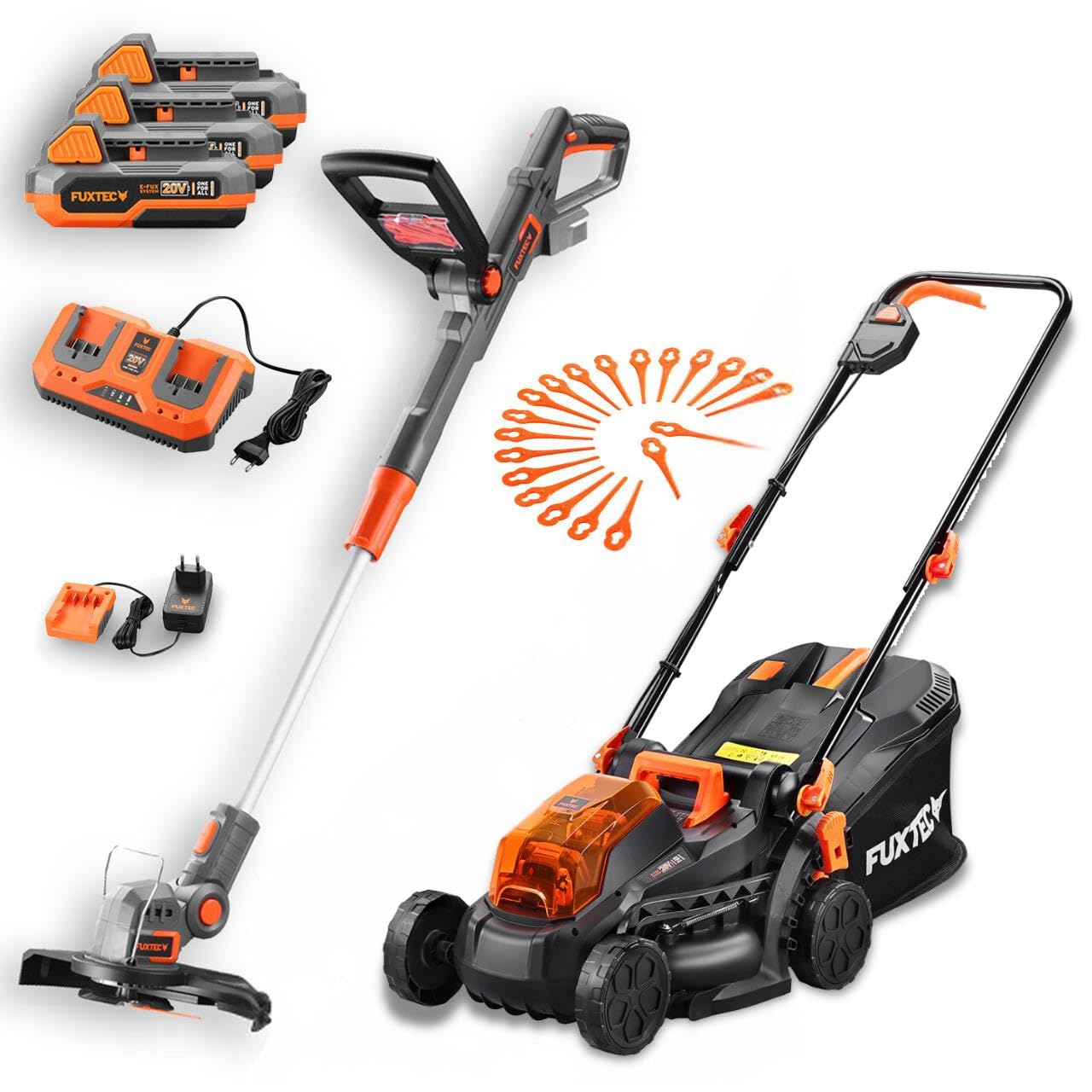 Zestaw ogrodowy FUXTEC: podkaszarka 20 V + kosiarka 33 cm 40 V (2×20 V), 3× akumulator 2 Ah, podwójna ladowarka, szer. ciecia 25 cm, regulacja wysokosci (184 znaków)