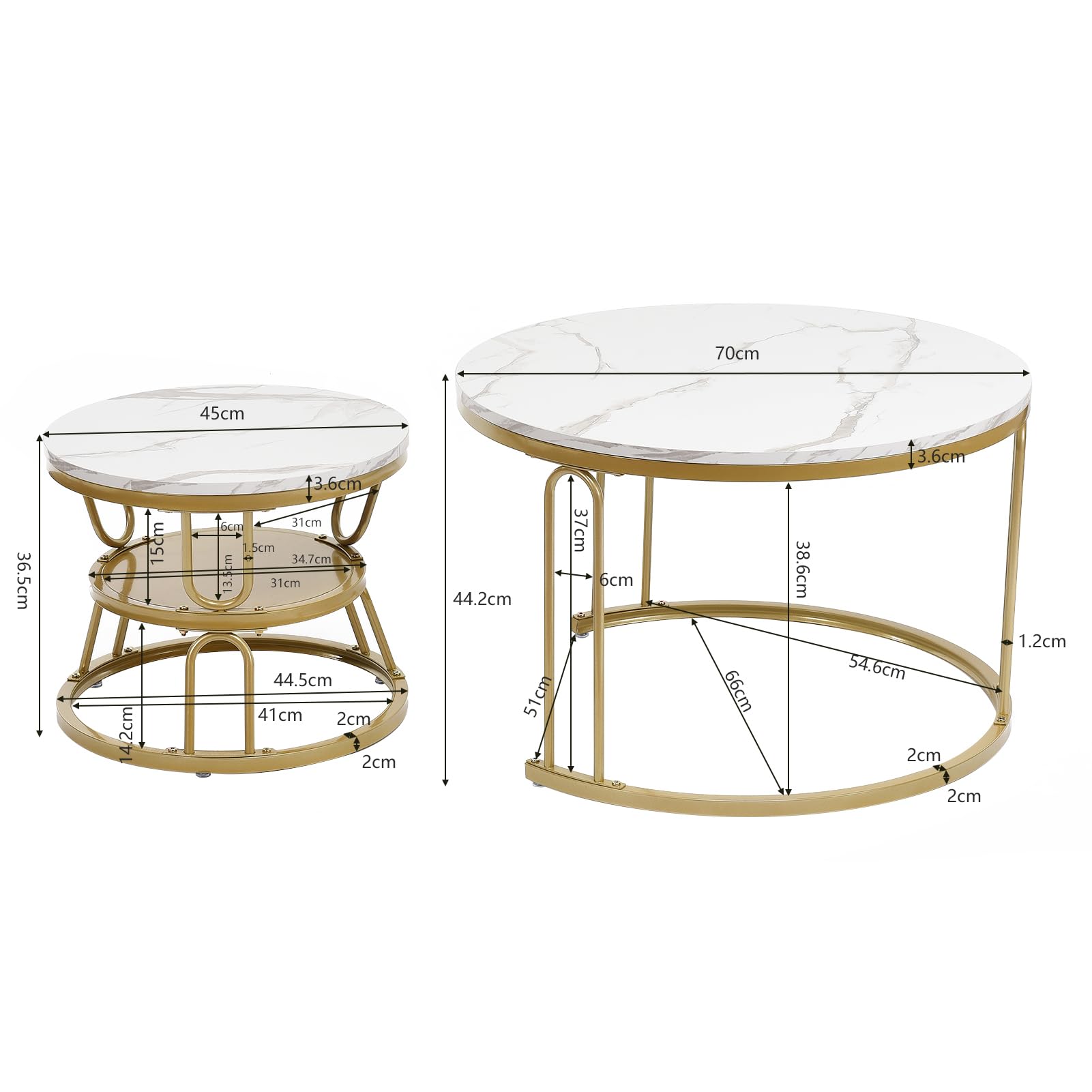 Tables Basses Gigognes Rondes Modernes Lot De 2 – Diamètres 70 Et 45 Cm – Finition Dorée Et Marbre Blanc – Pour Salon, Chambre, Appartement