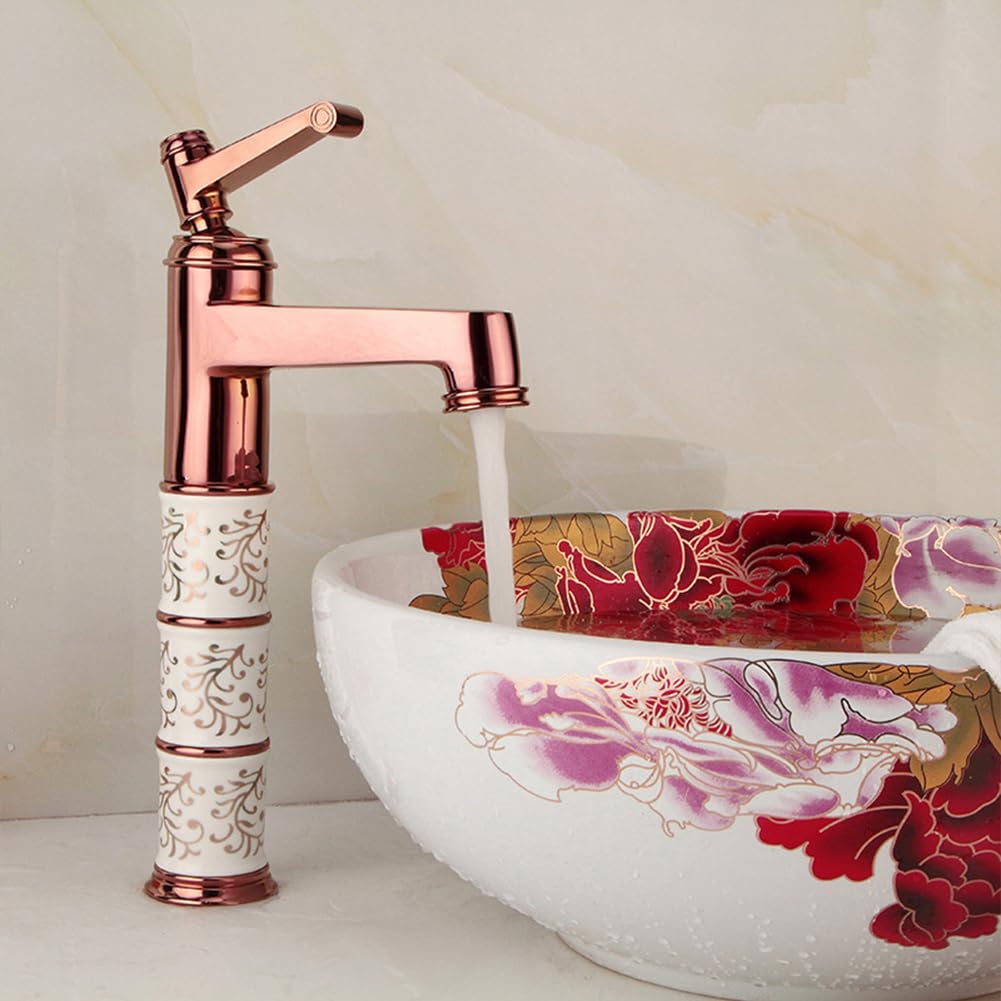 Grifo De Baño Grifo Lavabo Alto, Estilo Vintage Retro Latón Monomando Mezclador De Lavabo, Ajustable Para Agua Fría Y Caliente, Oro Rosa