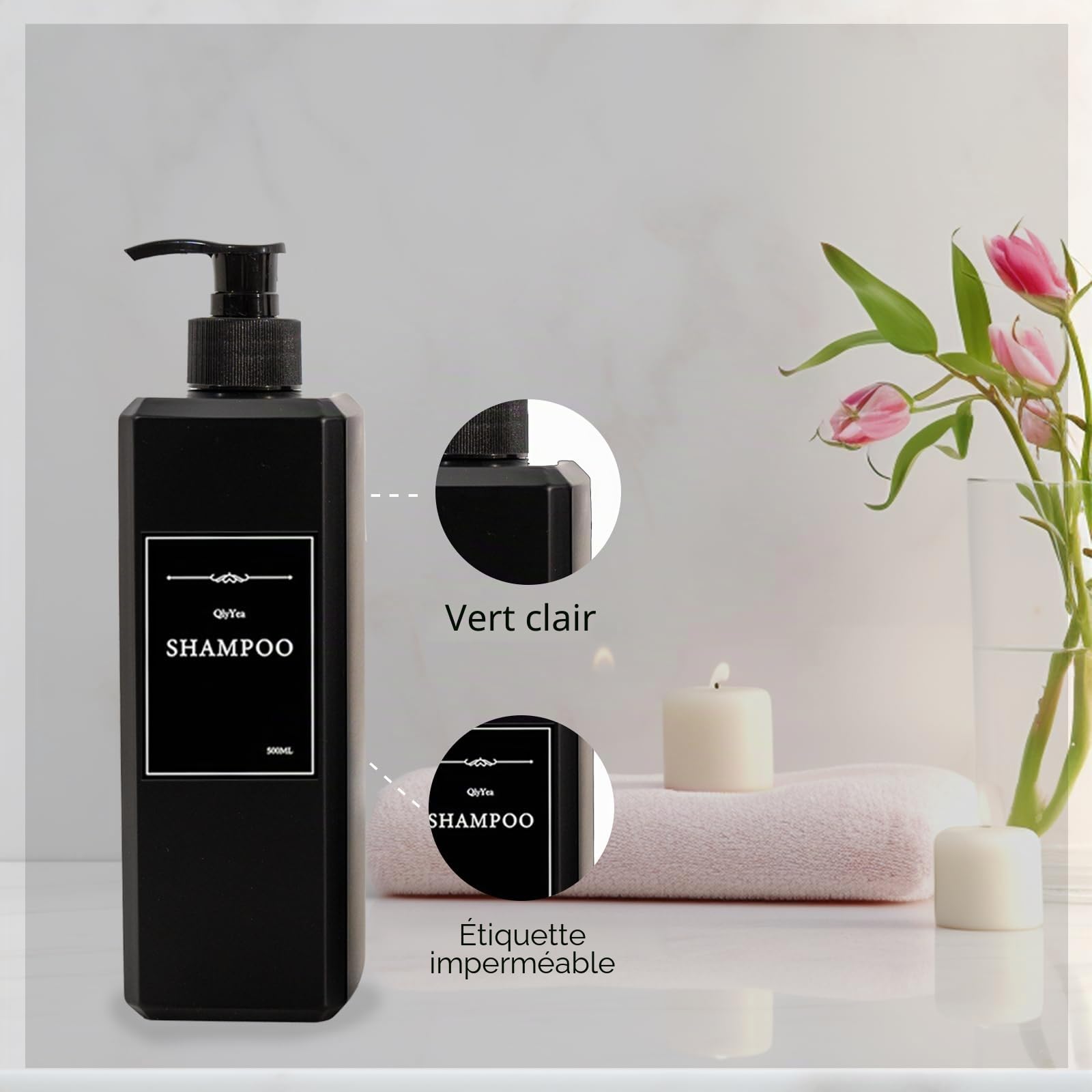 Distributeur Shampoing et Gel Douche, 8 Pièces Flacon Pompe Vide 500ml, Distributeurs Savon Noir en Plastique avec Étiquettes, pour Cuisine et Salle de Bain, Noir Mat